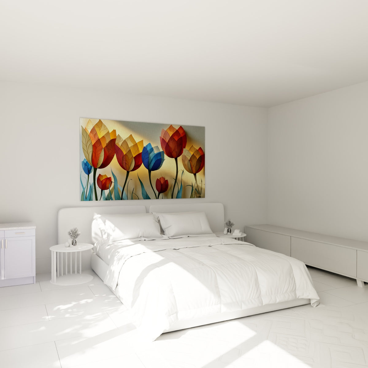Sept tulipes terracotta et bleu profond éclairées de dos accrochées au-dessus d'un lit dans une chambre claire