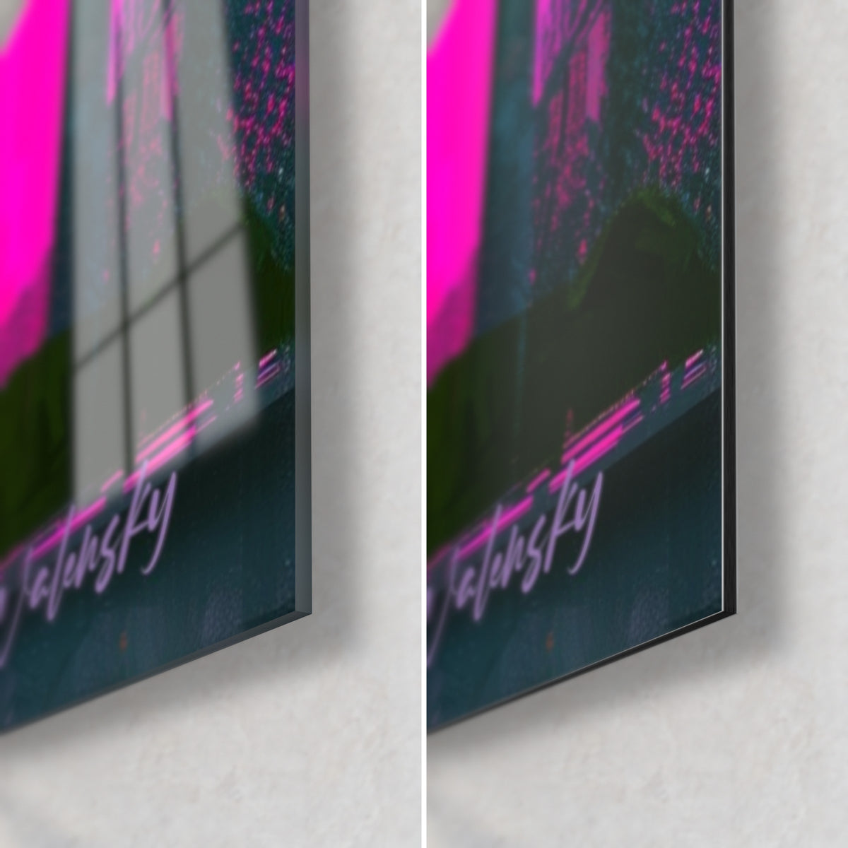 Wall art of a fuchsia tulip, bottom right corner: glossy acrylic glass on the left, matte Dibond on the right, 3 mm edge, Walensky signature