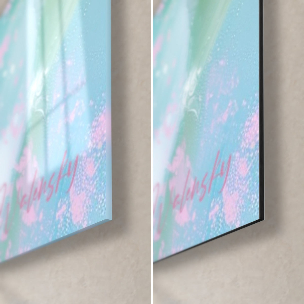 Schilderij tulpen in roze en turquoise, rechtsonder: glanzend acrylglas links, mat zwart Dibond rechts, rand van 3 mm