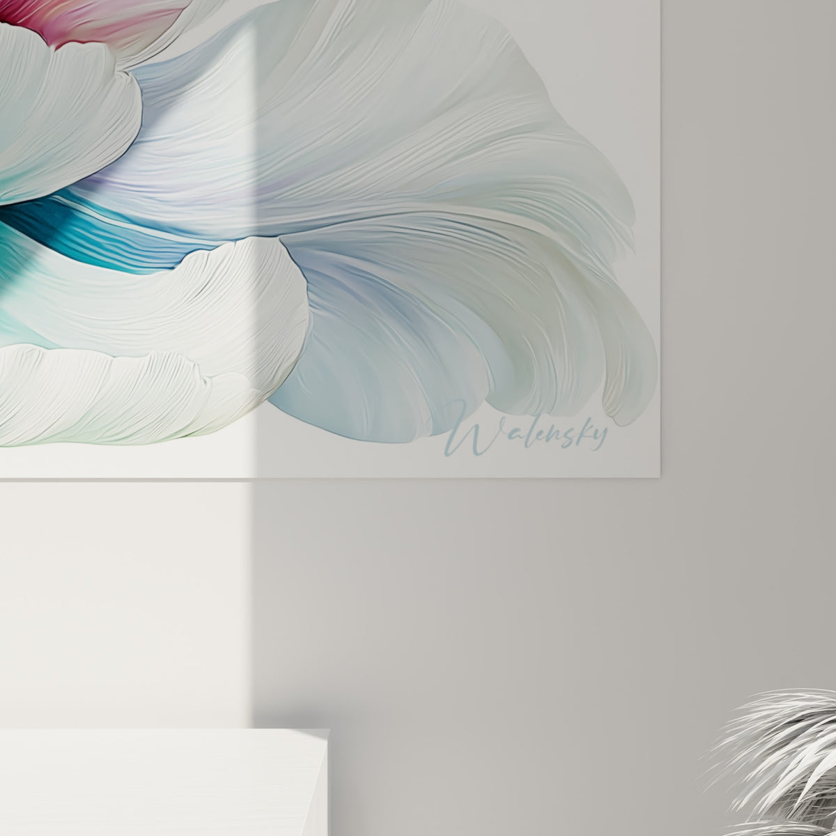 Détail des veines et textures aquarelle du pétale turquoise et blanc de la tulipe peinte