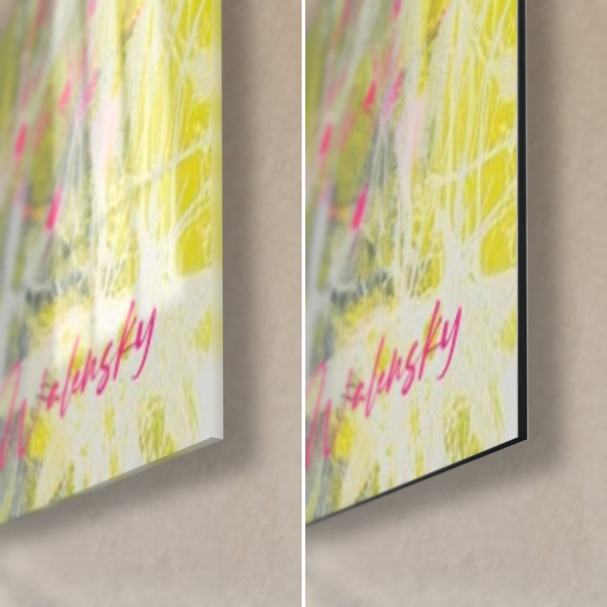 Tableau tulipe grise, coin bas droit : verre acrylique brillant à gauche, alu Dibond mat noir à droite, tranche de 3 mm, jaune et rose