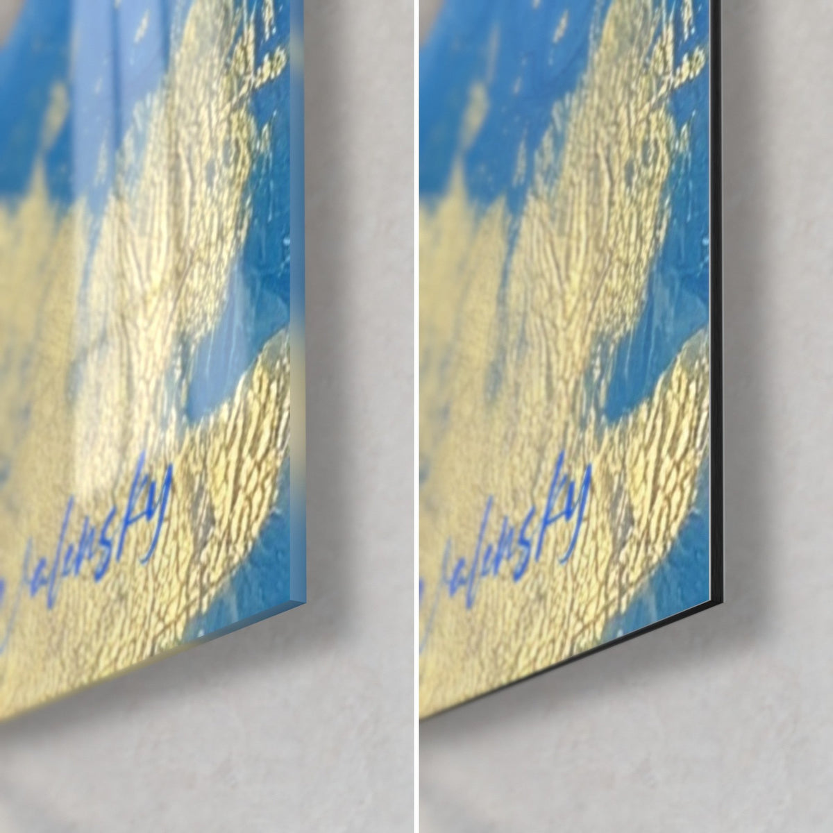 Gemälde mit einem roten Mohn, untere rechte Ecke: glänzendes Glas mit Reflexen links, mattes Dibond-Aluminium rechts, Gold auf Blau, 3 mm Kante