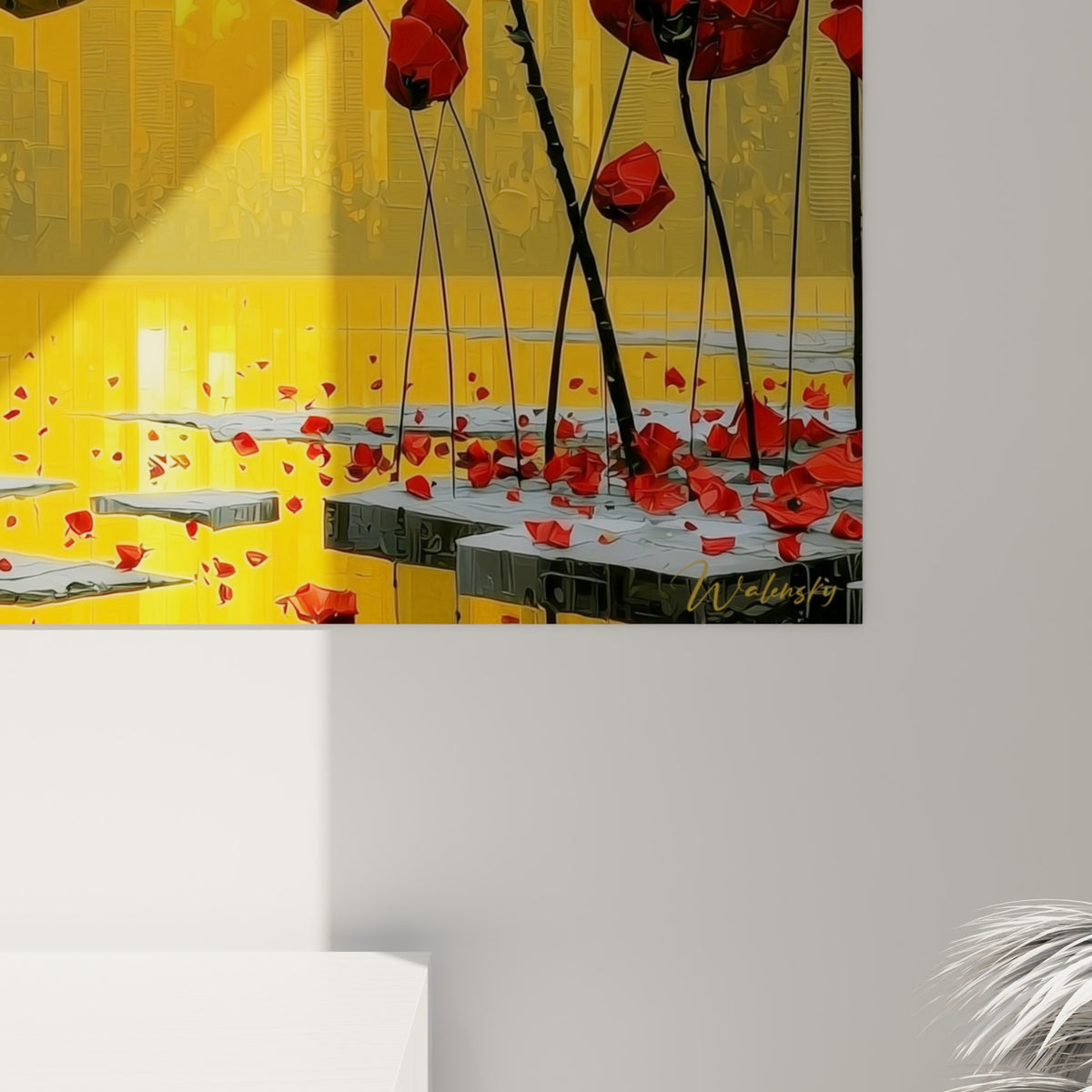 Empâtements rouges et jaunes révèlent le grain épais de la peinture sur les pétales de tulipe