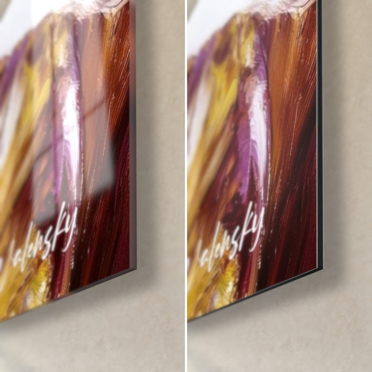 Wall art of a lady in a gold hat and purple tulips, lower right corner, glossy glass on the left, matte Dibond on the right, 3 mm edge
