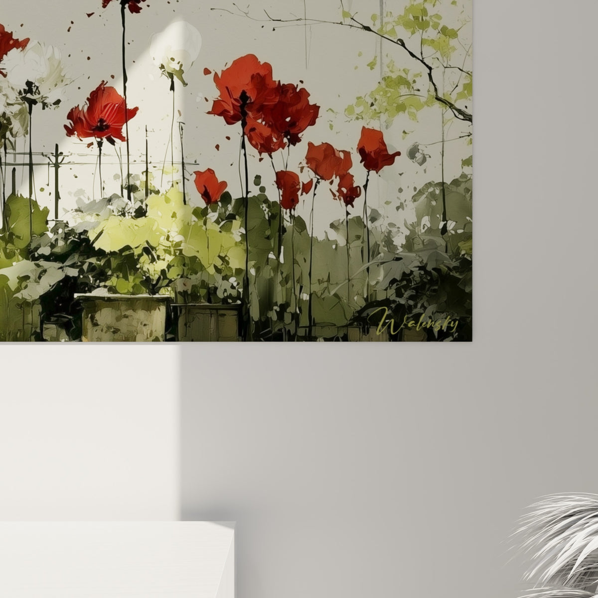 Empâtements rouges et blancs des tulipes révèlent la texture picturale, coulures grises visibles de près