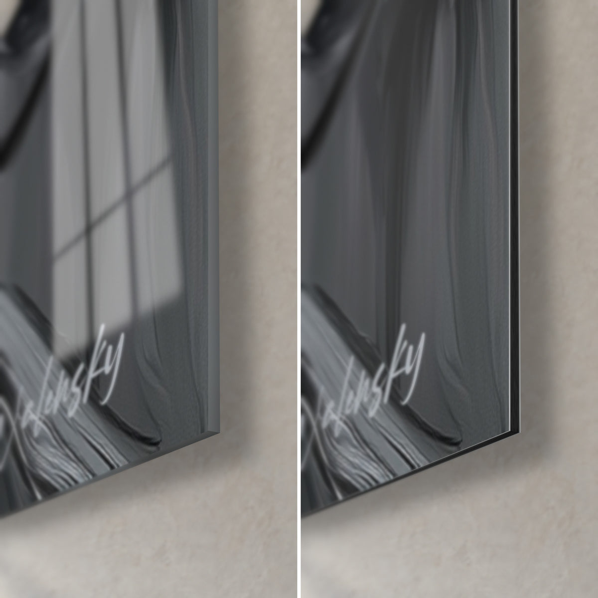 Tableau tulipe en pâte blanche et noire, coin bas droit : verre acrylique brillant à gauche, Dibond mat à droite, tranche de 3 mm