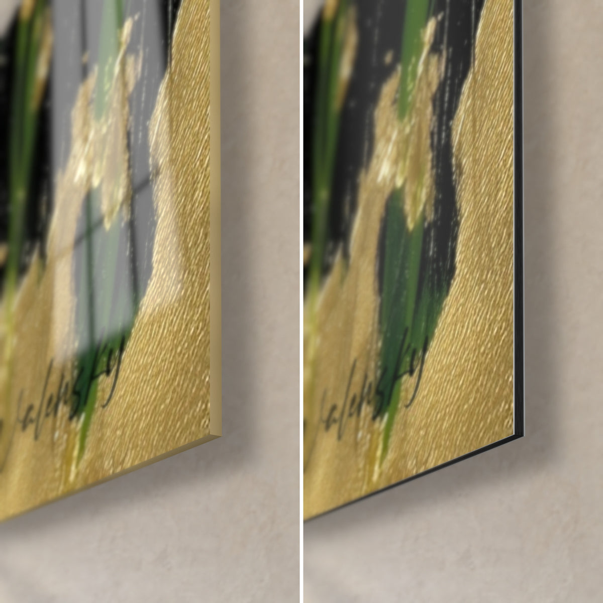Schilderij gouden en witte tulpen, rechtsonder: glanzend acrylglas met reflecties, mat zwart Dibond, rand van 3 mm