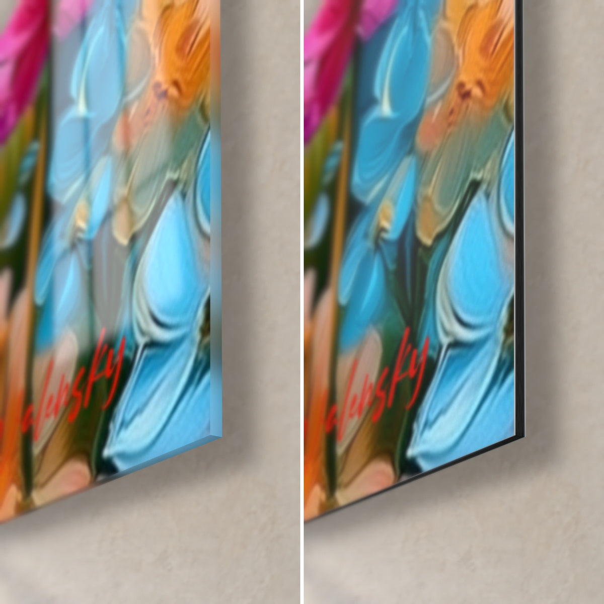 Gemälde Tulpen in Knallrosa und türkisfarbenen Blütenblättern, untere rechte Ecke: glänzendes Acrylglas links, mattschwarzes Dibond rechts