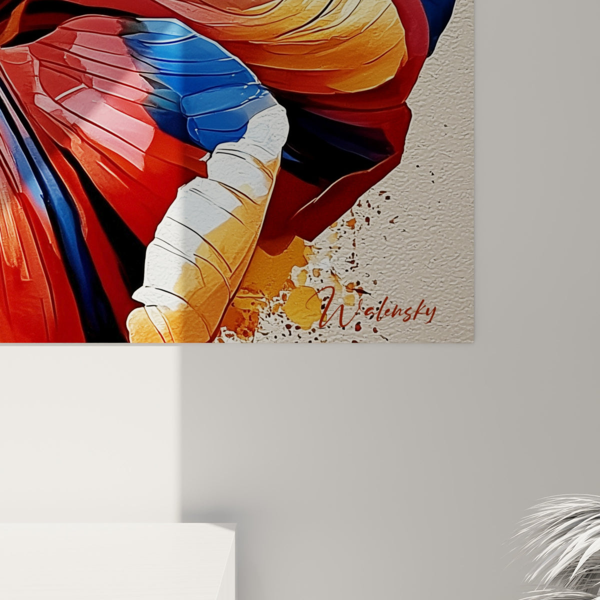 Empâtements orangés et coulures bleu marine visibles sur les pétales veinés de cette tulipe peinte