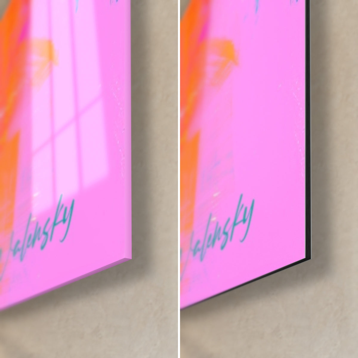 Wall art fuchsia and white floral bulb, bottom right corner: glossy glass on the left, matte black Dibond on the right, 3 mm edge