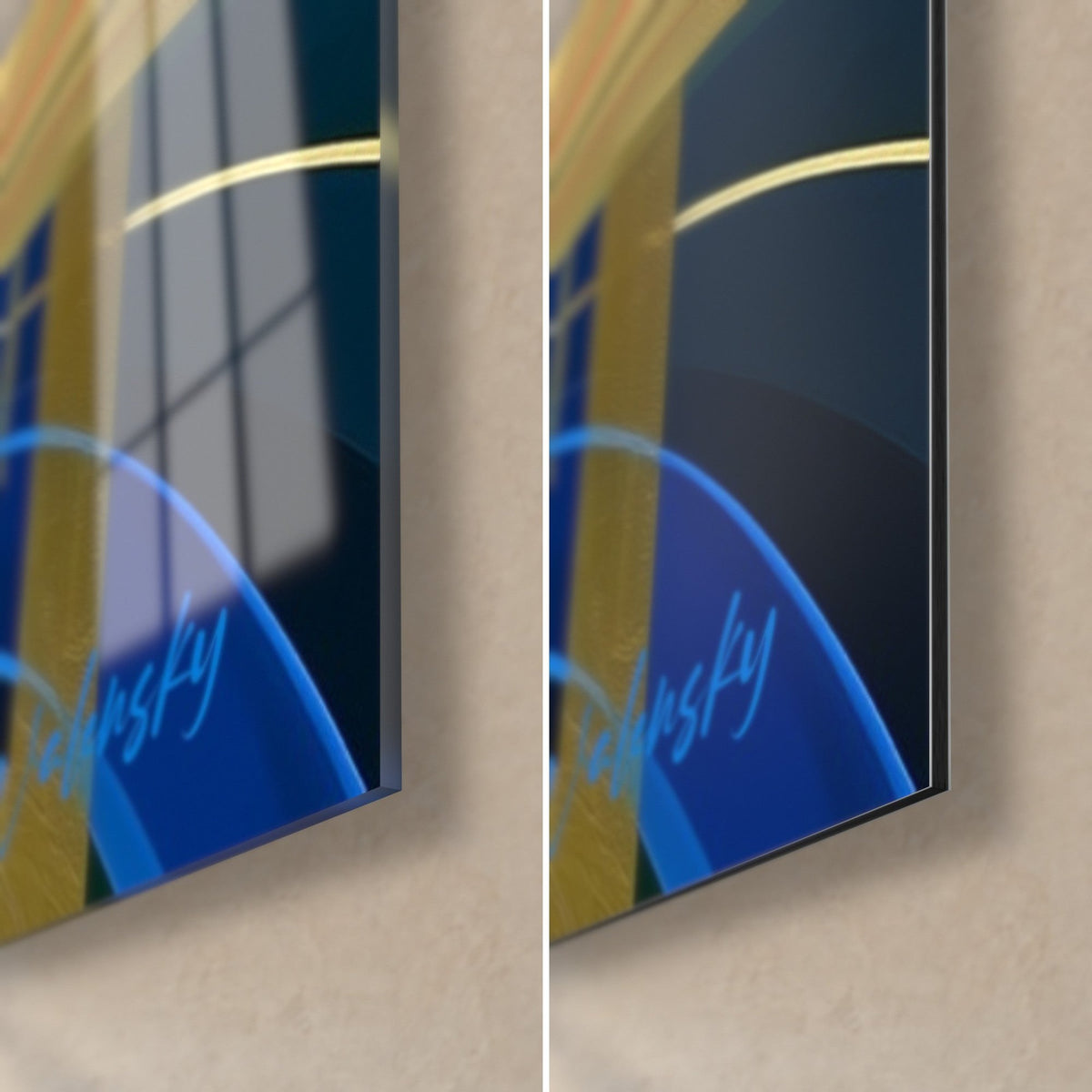 Quadro Tulipano rosso, angolo in basso a destra: vetro lucido con riflessi a sinistra, Dibond opaco a destra, firma blu, bordo di 3 mm