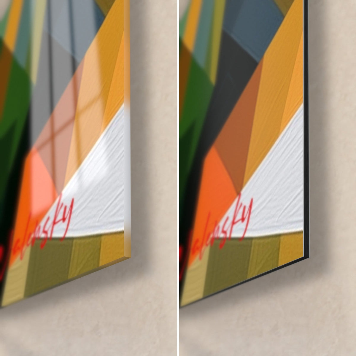 Gemälde geometrische Tulpe in Rot und Orange, untere rechte Ecke: glänzendes Glas links, mattes Dibond rechts, 3 mm Kante und Signatur