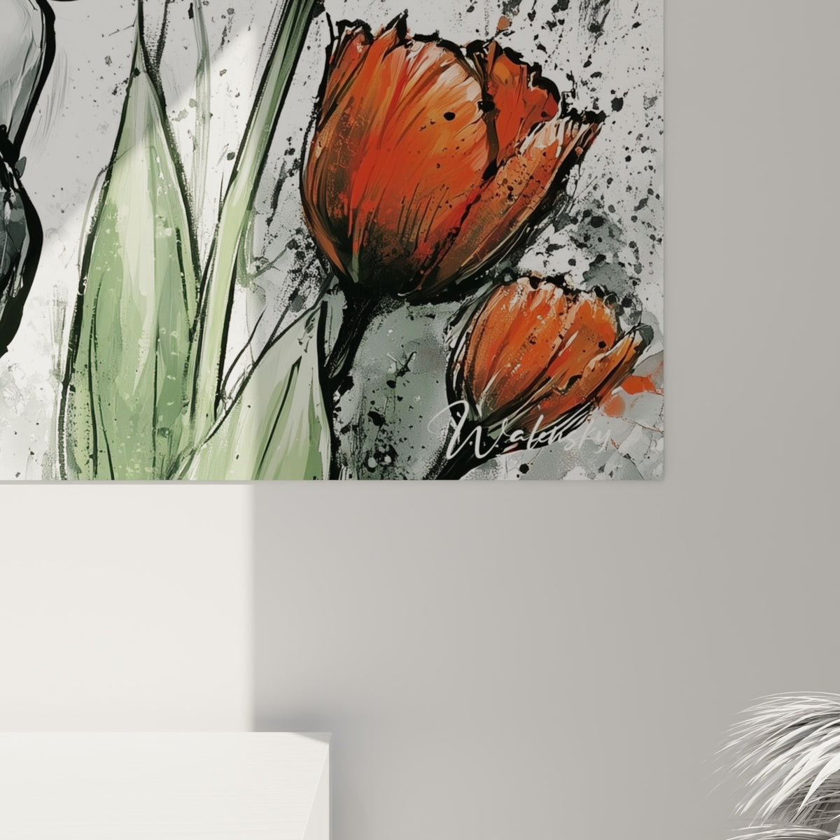 Coulures d'encre noire et éclats de rouge vif visibles sur la matière du tableau accroché