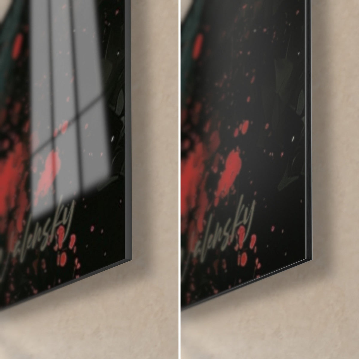 Cuadro tulipán carmín, esquina inferior derecha: cristal acrílico brillante con reflejos a la izquierda, aluminio Dibond negro mate a la derecha, canto de 3 mm