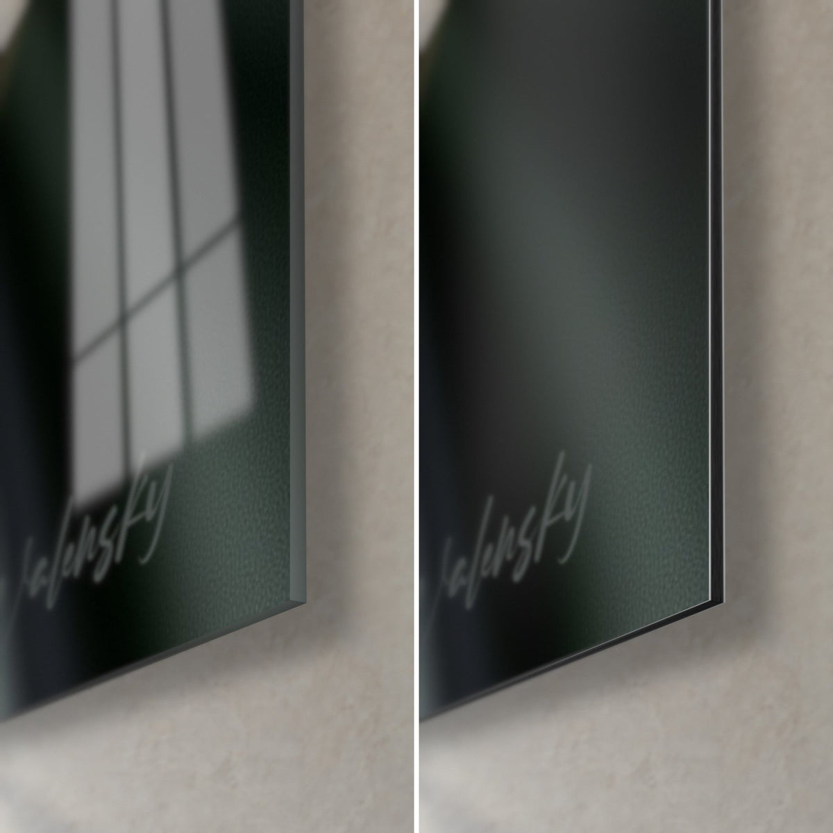 Gemälde graue und braune Tulpe, untere rechte Ecke: glänzendes Acrylglas mit Spiegelungen links, mattes Dibond rechts, 3 mm Kante