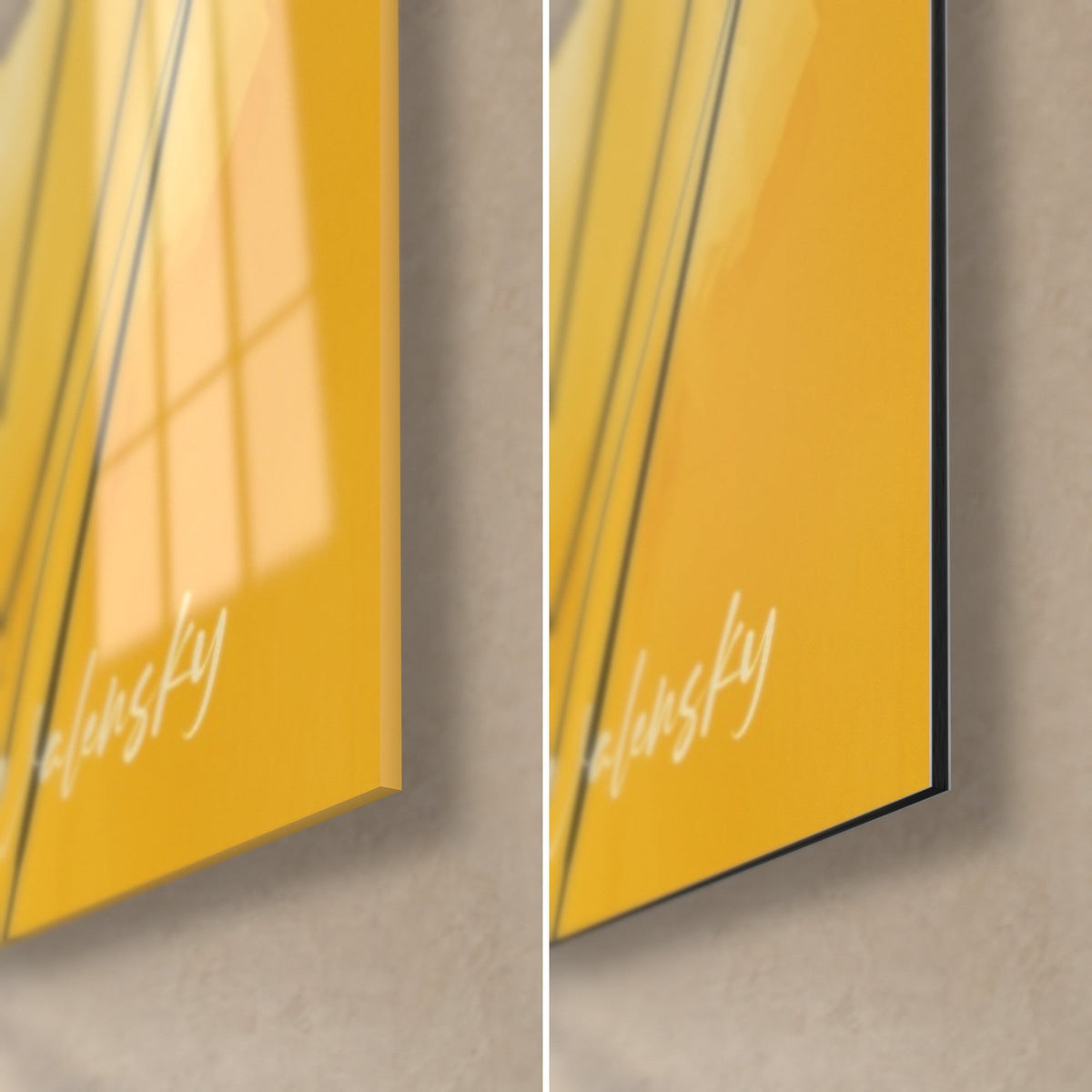 Wall art black and yellow tulips, bottom right corner: glossy acrylic glass on the left, matte black Dibond aluminium and 3 mm edge on the right