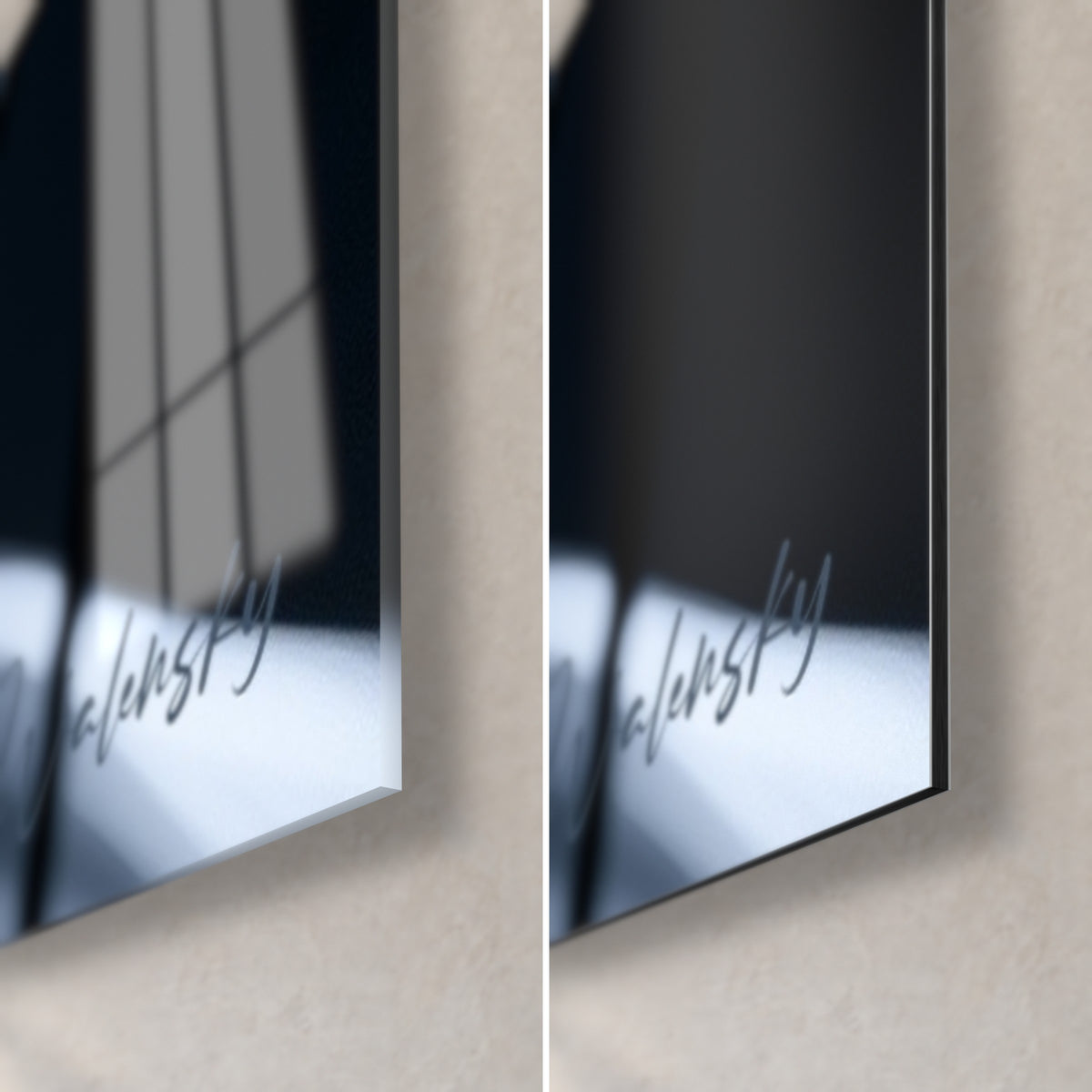 Schilderij van grijze tulpen, rechtsonder: glanzend acrylglas met raamreflecties, mat zwart Dibond, rand van 3 mm