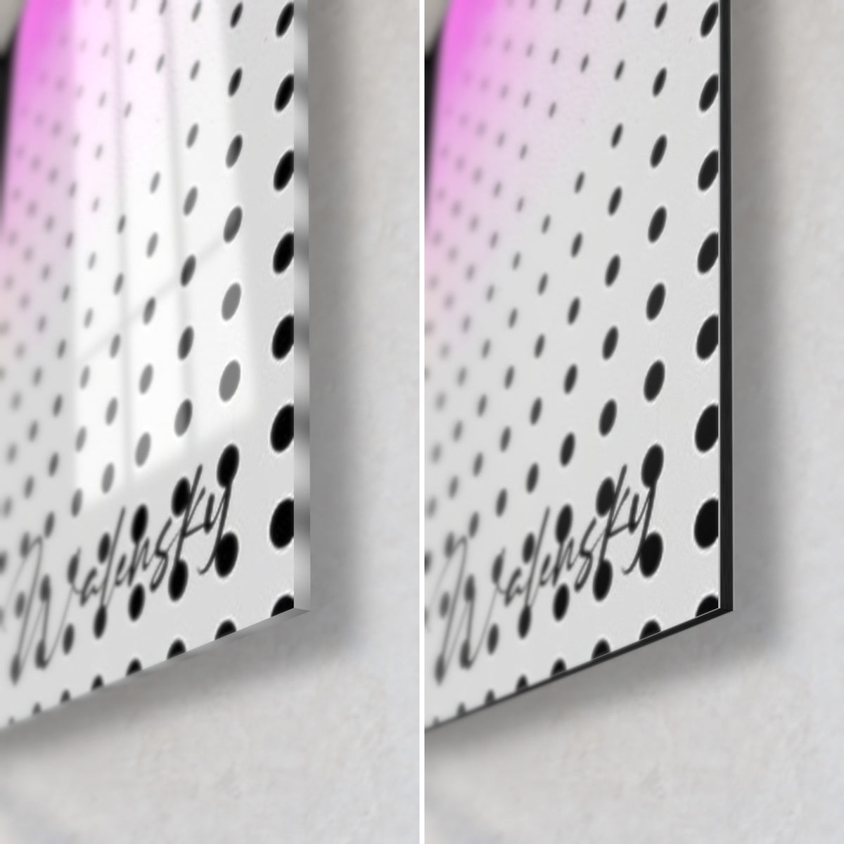 Wall art of tulips in shades of grey, black dots on white background, signed bottom right corner, glossy acrylic glass and matte Dibond aluminium