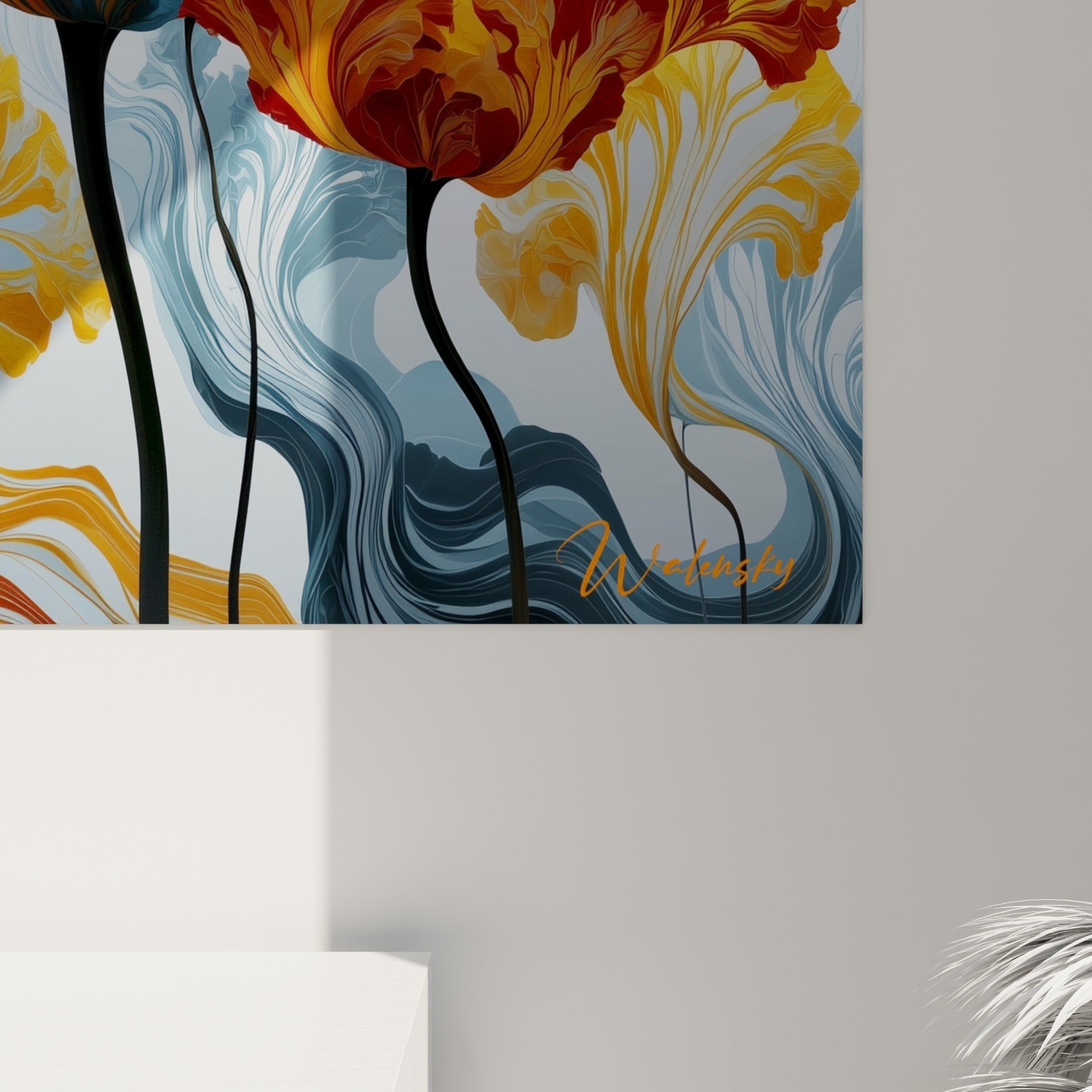 Détail des veines marbrées bleu ardoise et jaune doré révélant la texture fluide de l'impression