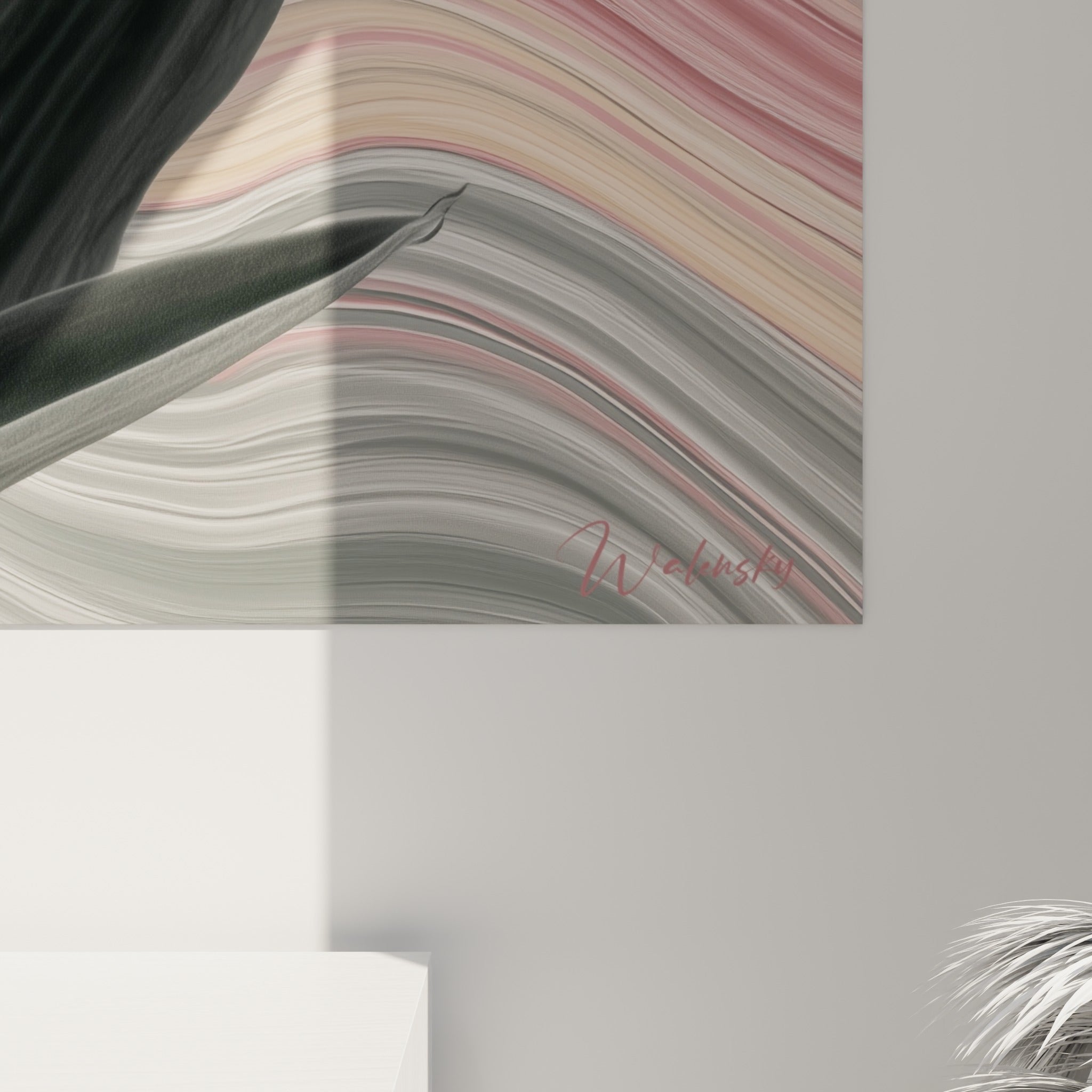 Grain et nuances du rose poudré et du gris marbré visibles de près sur cette toile Tulipe