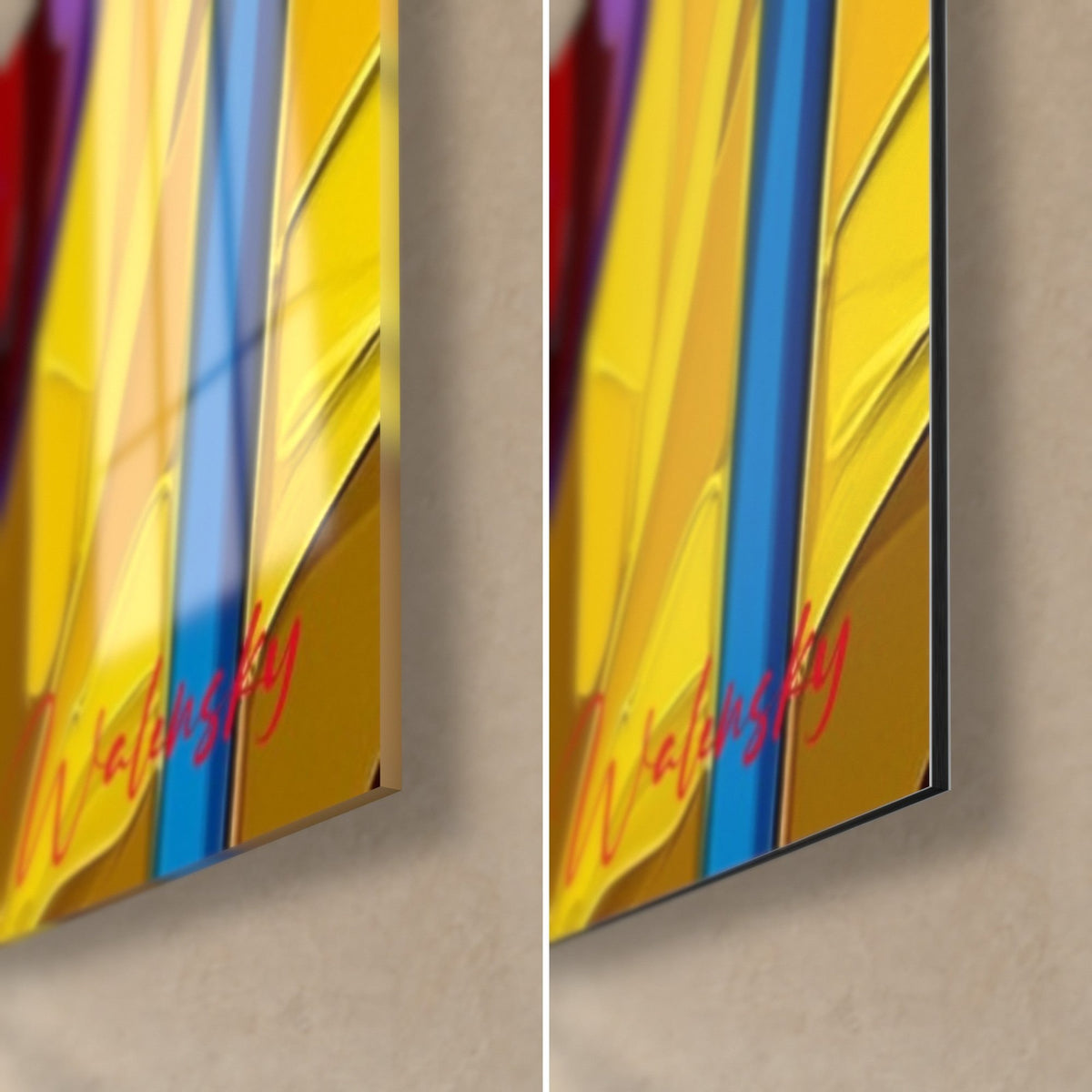 Wall art yellow tulips with blue stems, bottom right corner: glossy acrylic glass on the left, matte Dibond aluminium on the right, thin edge