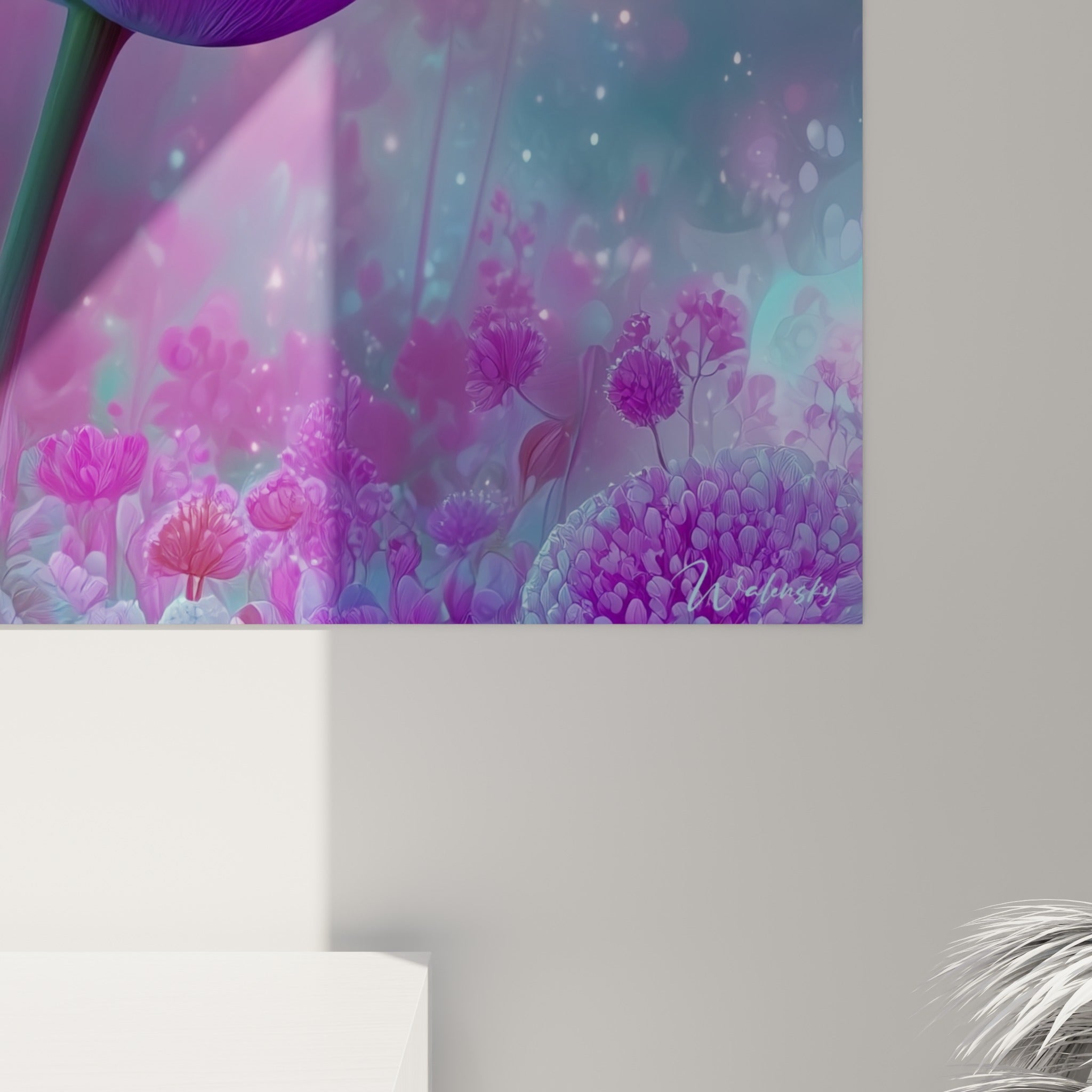 Grain de la toile révélant les touches violettes et roses mouchetées sur les pétales noirs de la tulipe