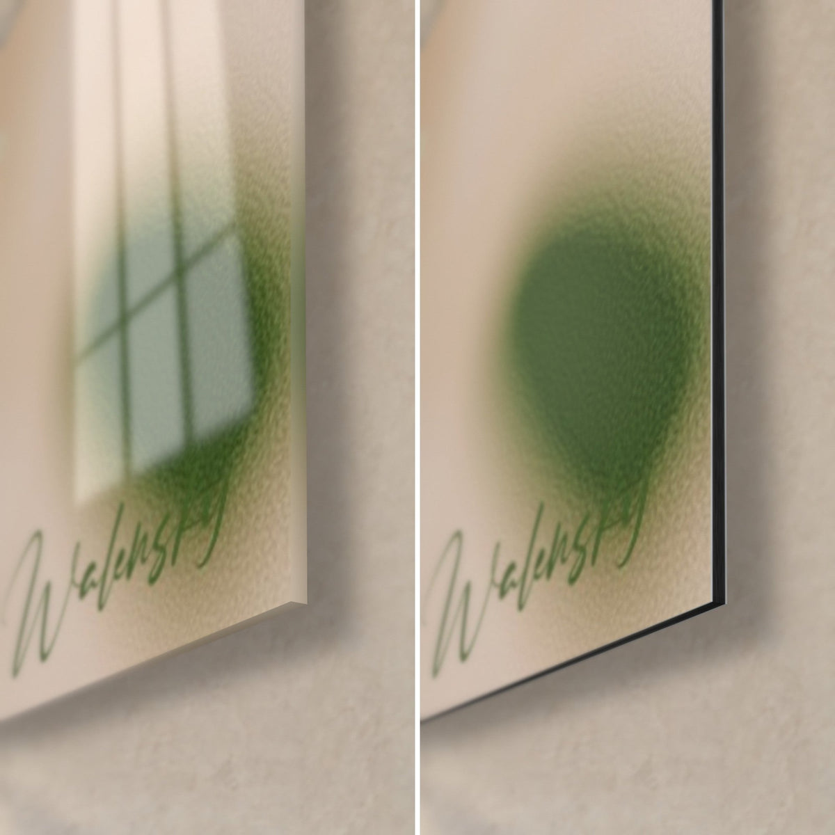 Tableau tulipe rose pâle, coin bas droit : verre acrylique brillant à gauche, alu Dibond mat noir à droite, tranche 3 mm
