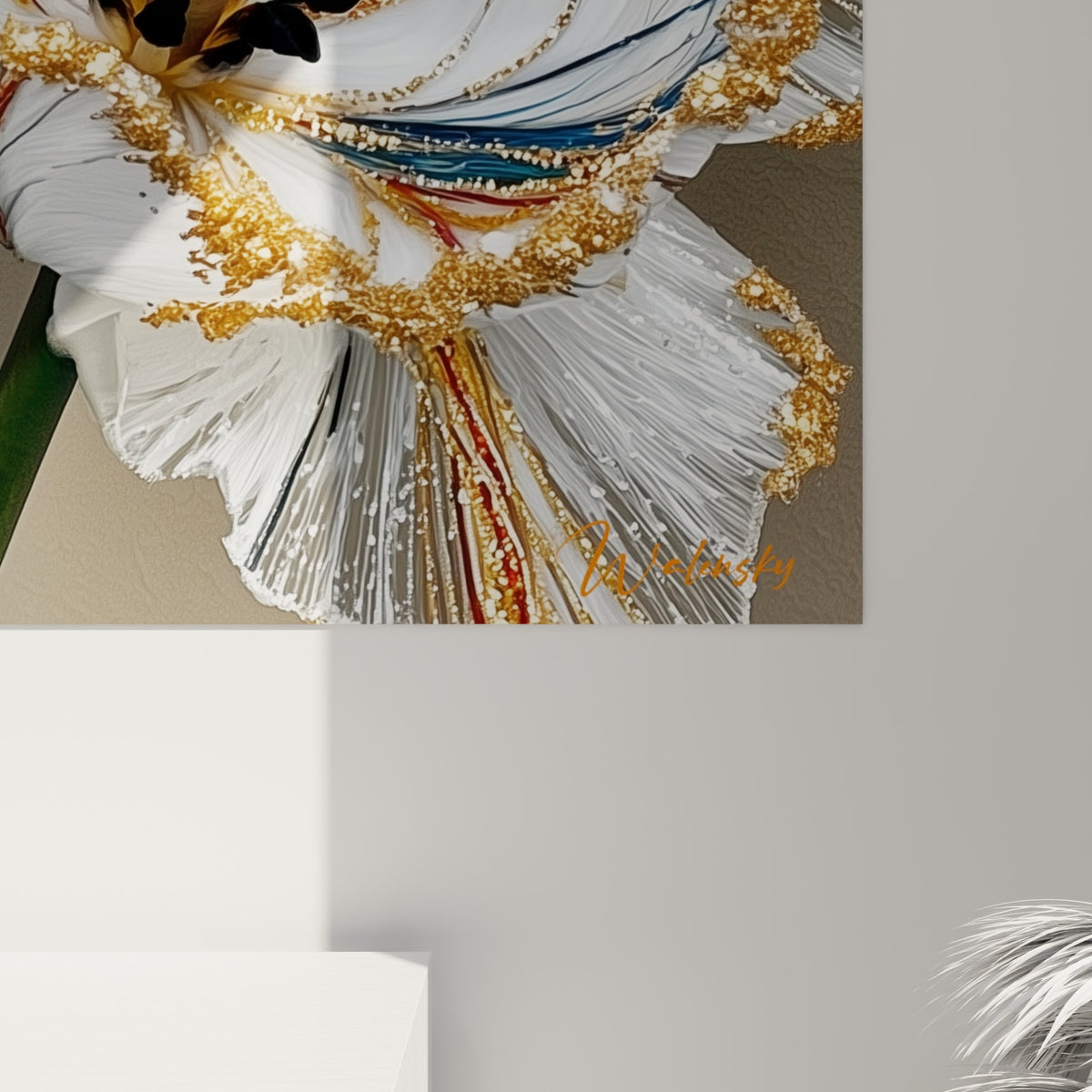 Grain de la toile révélant les paillettes dorées et les fines striures grises des pétales de tulipe