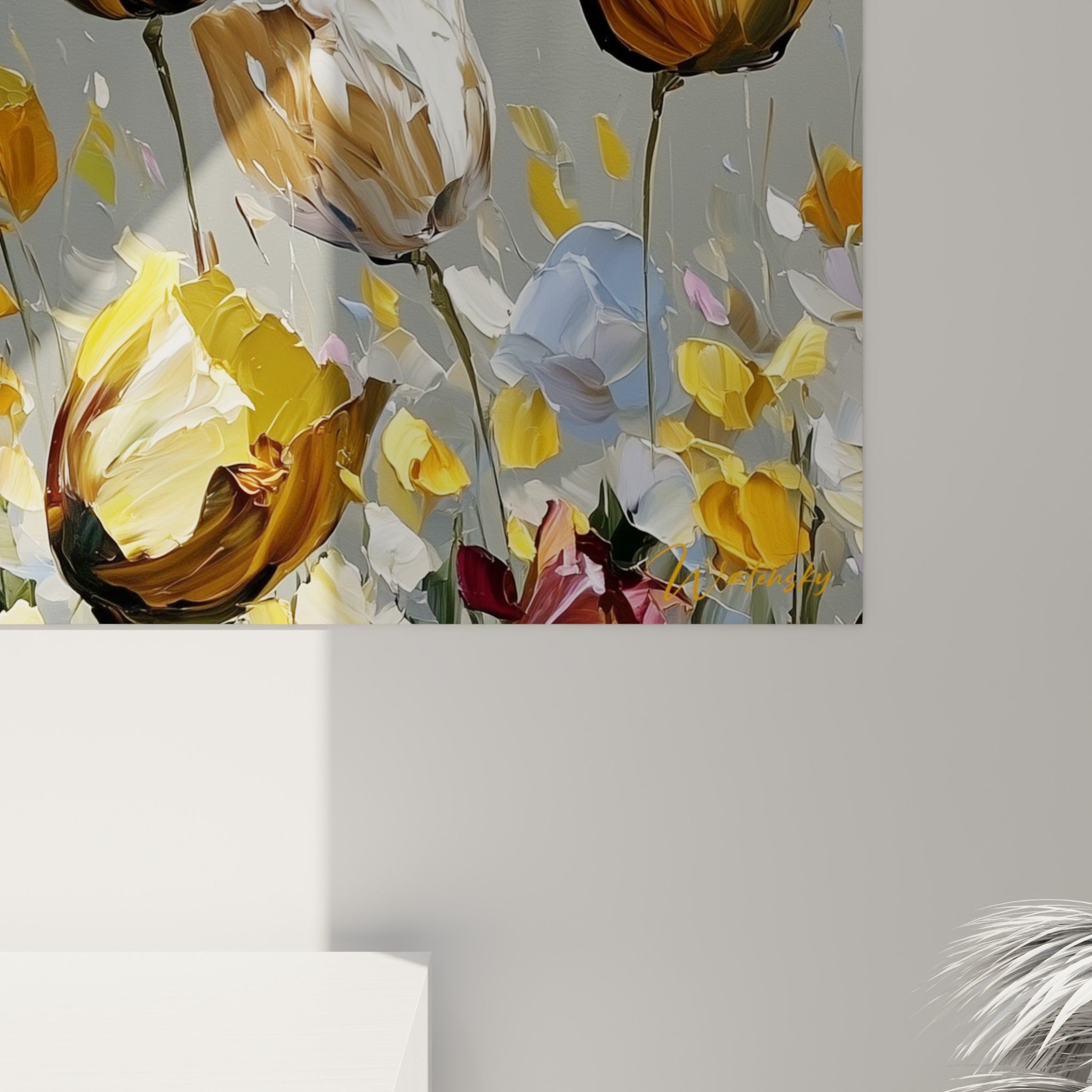 Matière épaisse des tulipes dorées et blanches révélant empâtements et coulures de peinture rapprochées