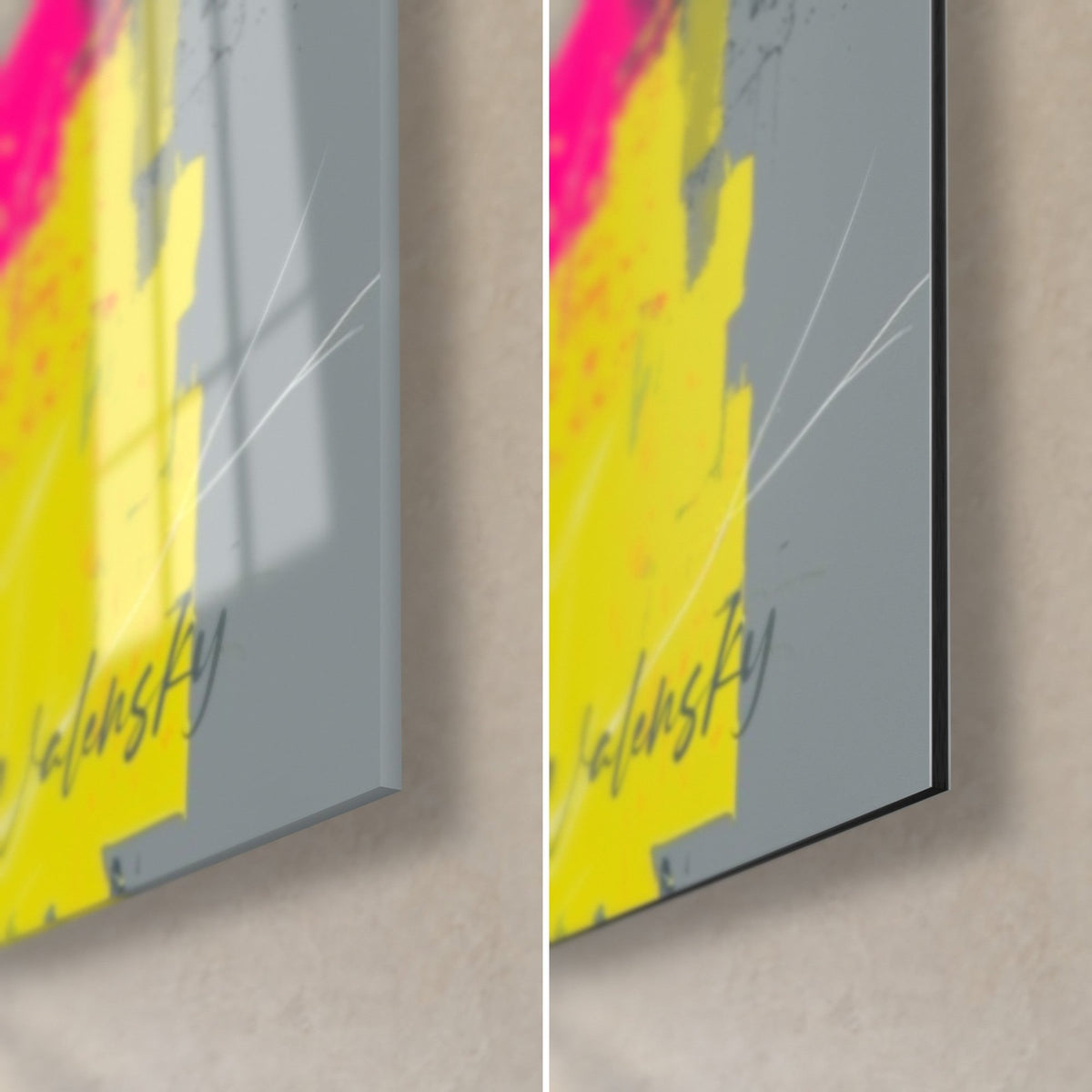 Quadro Bocciolo di tulipano grigio, angolo in basso a destra: campo giallo brillante, grigio ardesia, bordo nero da 3 mm, vetro lucido e Dibond opaco