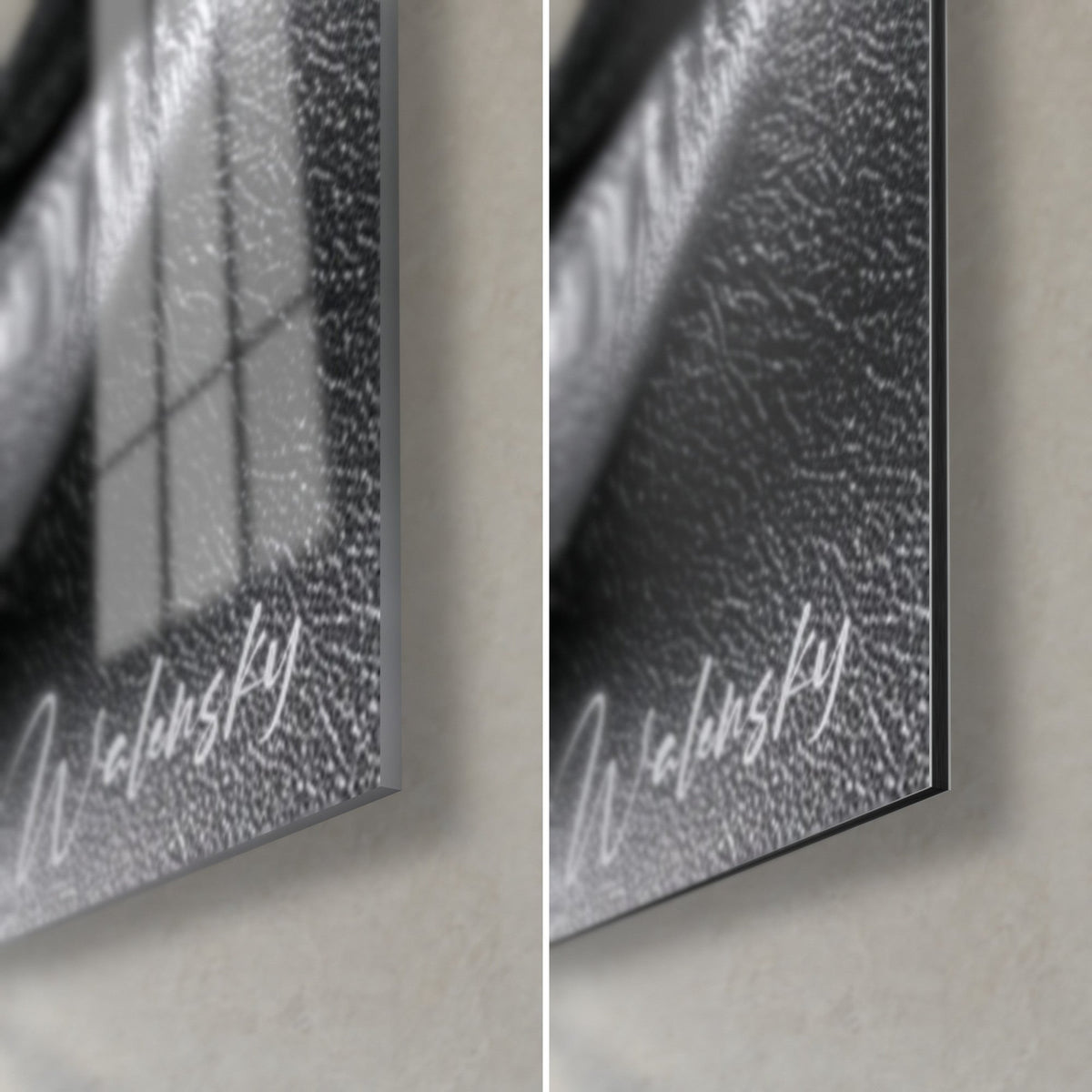 Gemälde Tulpe und Gesicht, untere rechte Ecke: glänzendes Glas mit Spiegelung des Fensters, mattgraues Dibond, 3 mm schwarze Kante