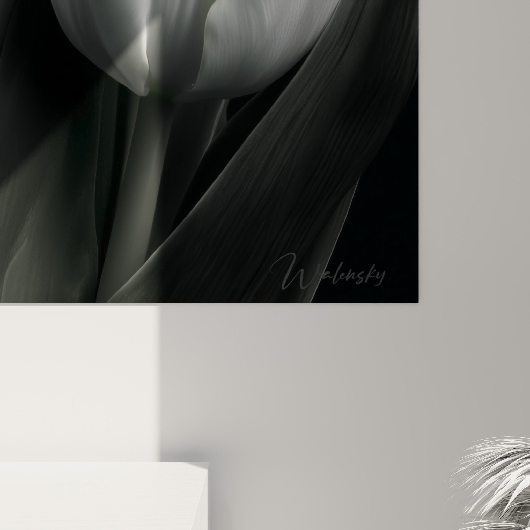 Pétales blancs et gris finement texturés, grain visible du visage anthracite sur toile imprimée