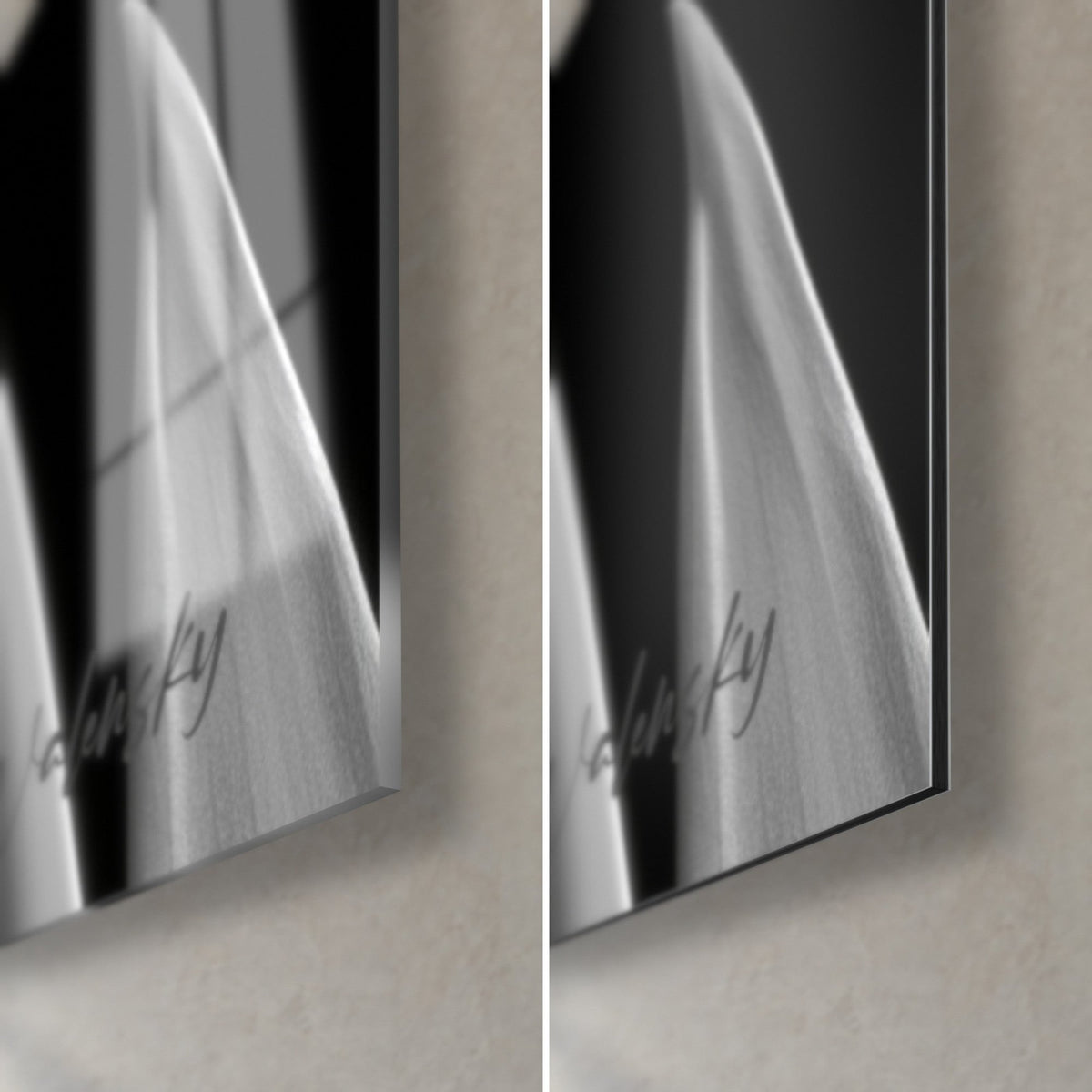Tableau profil féminin humant une tulipe, coin bas droit : verre acrylique brillant gris et noir, Dibond mat, tranche de 3 mm