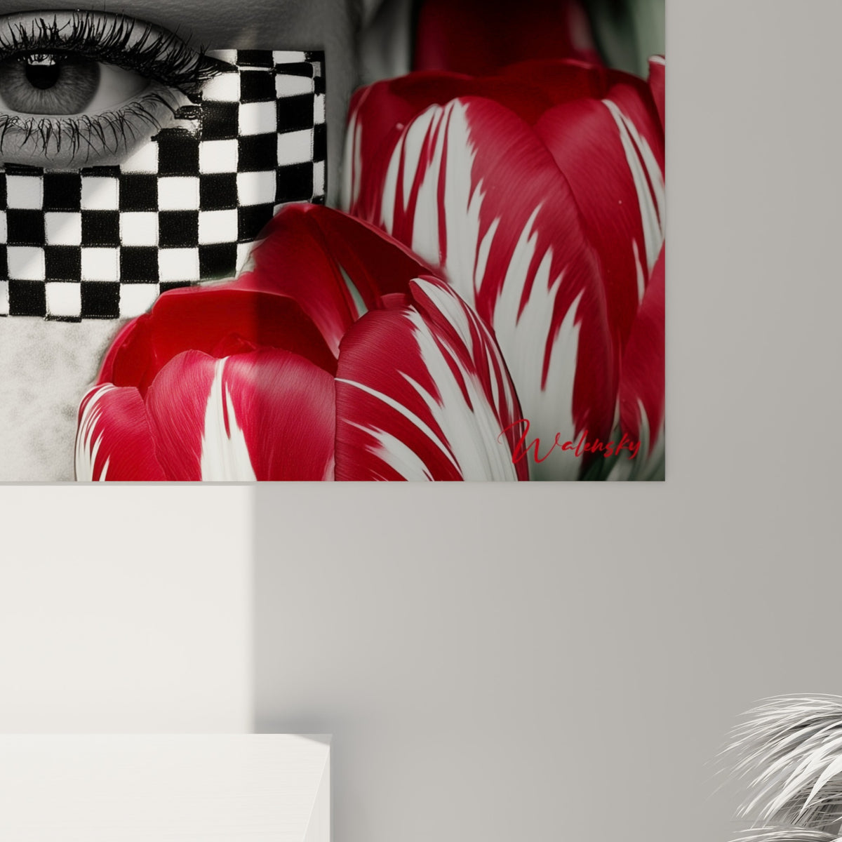 Empâtements et grain visibles sur le damier noir et blanc, pétales rouge et blanc texturés en gros plan sur la toile