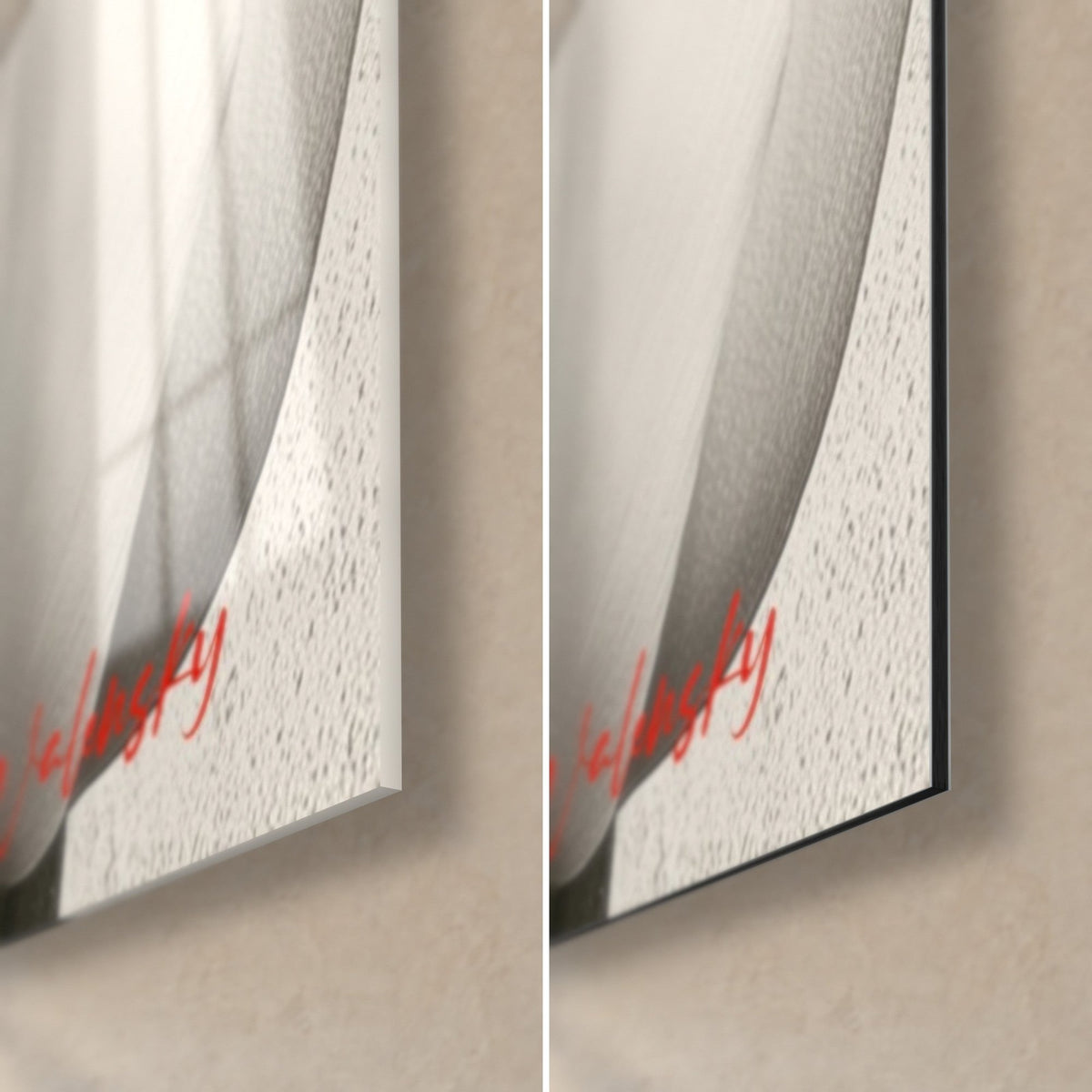 Wall art grey tulip with striped petals, lower right corner: glossy acrylic glass on the left, matt white Dibond and black edge on the right
