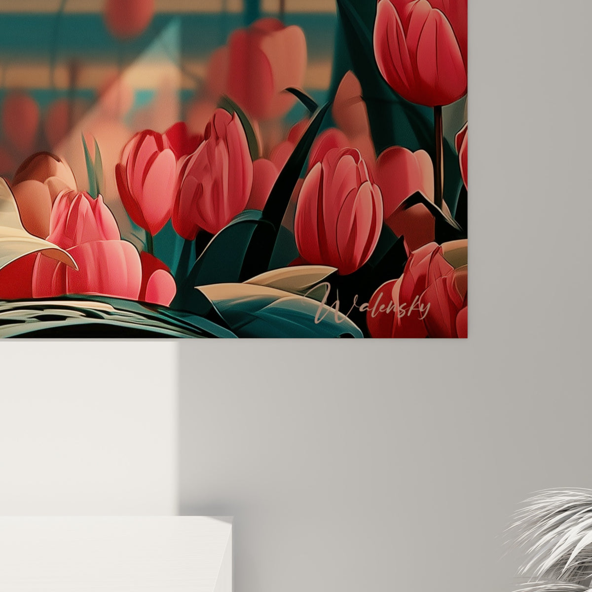 Texture satinée des pétales rouges de la Tulipe et nuances anthracite du feuillage en gros plan sur la toile