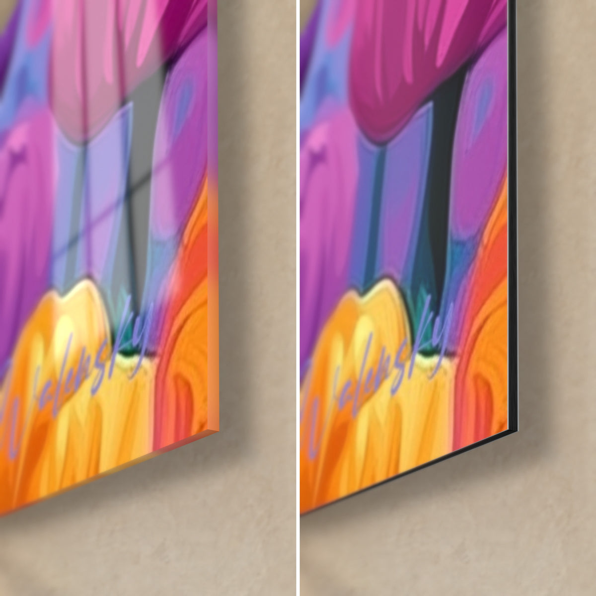 Quadro tulipani porpora e gialli, angolo in basso a destra: vetro acrilico lucido con riflessi a sinistra, Dibond opaco a destra, spessore 3 mm