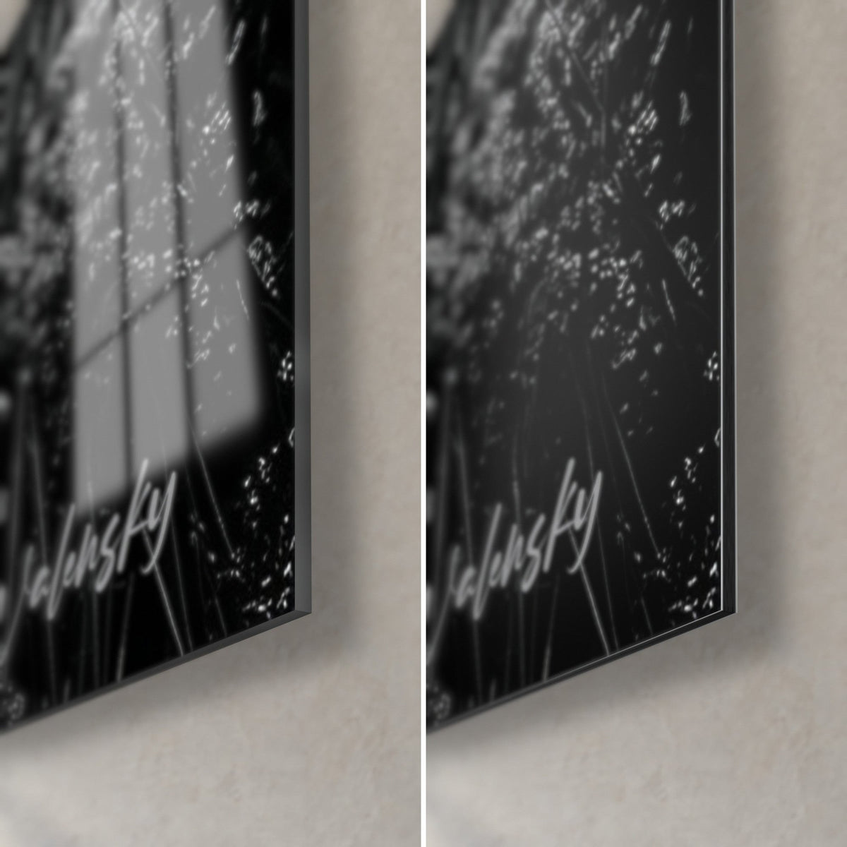 Tableau tulipe blanche, coin bas droit : verre acrylique brillant noir aux reflets, alu Dibond mat gris, tranche fine de 3 mm