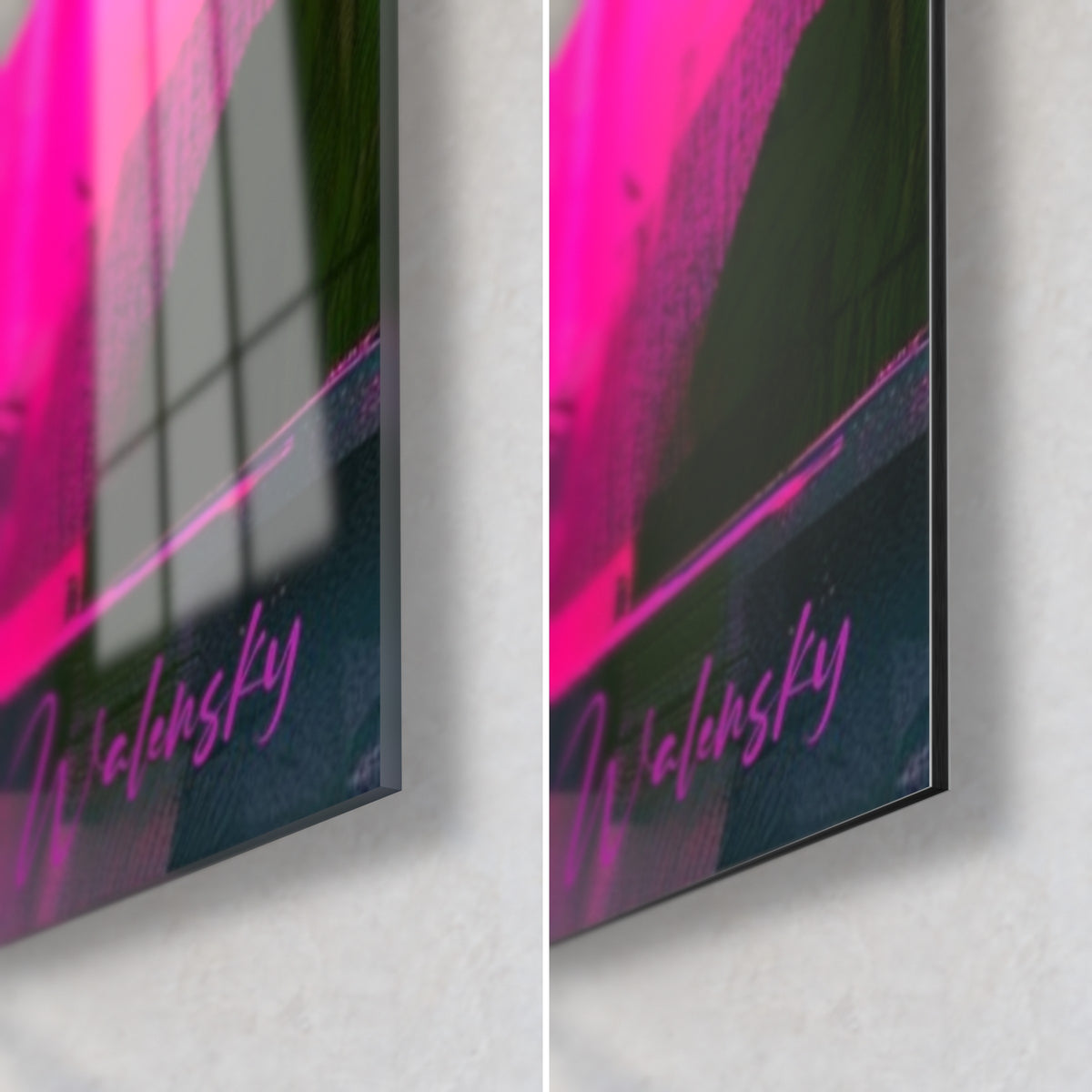 Gemälde Fuchsia-Tulpe, untere rechte Ecke: glänzendes Glas, das das Licht reflektiert, mattschwarzes Dibond, 3 mm Kante und Signatur