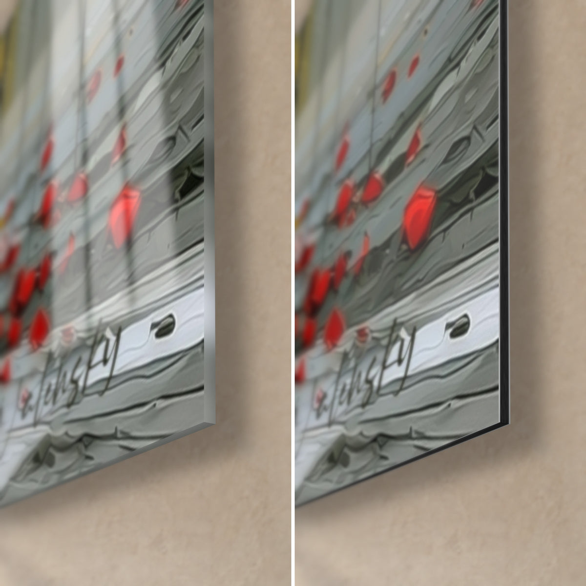 Cuadro de tulipanes rojos y blancos, esquina inferior derecha en cristal acrílico brillante a la izquierda y aluminio Dibond mate a la derecha, canto negro