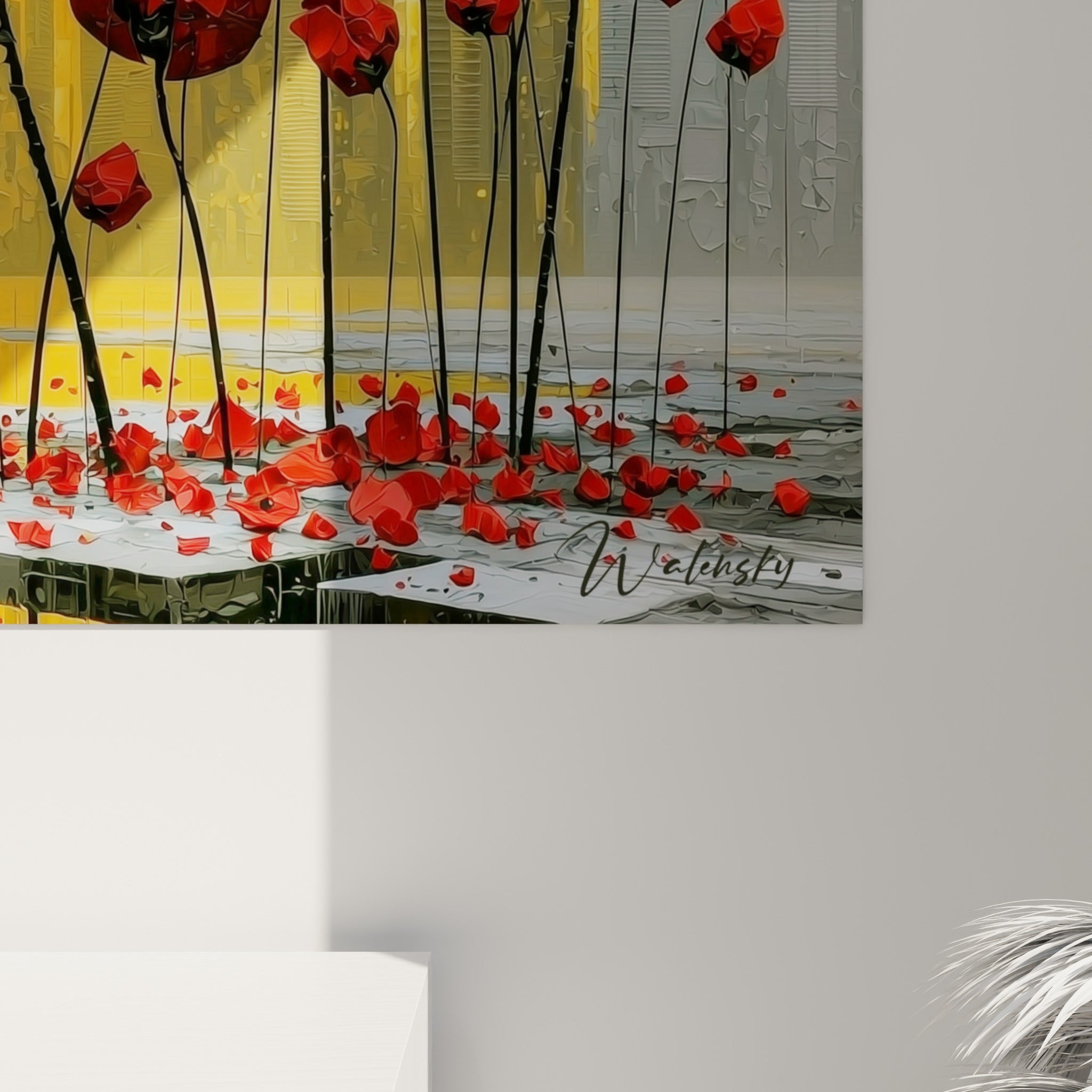 Empâtements épais de rouge et de jaune doré révélant la texture sculpturale des pétales de tulipes