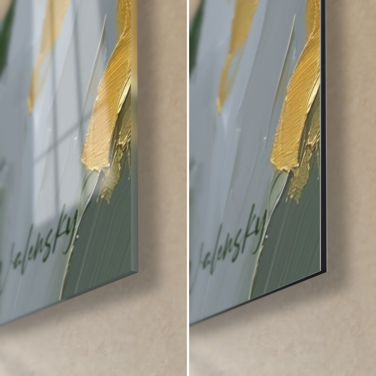Tableau tulipe dorée, coin bas droit : verre brillant aux reflets à gauche, Dibond mat à droite, tranche de 3 mm, signature verte