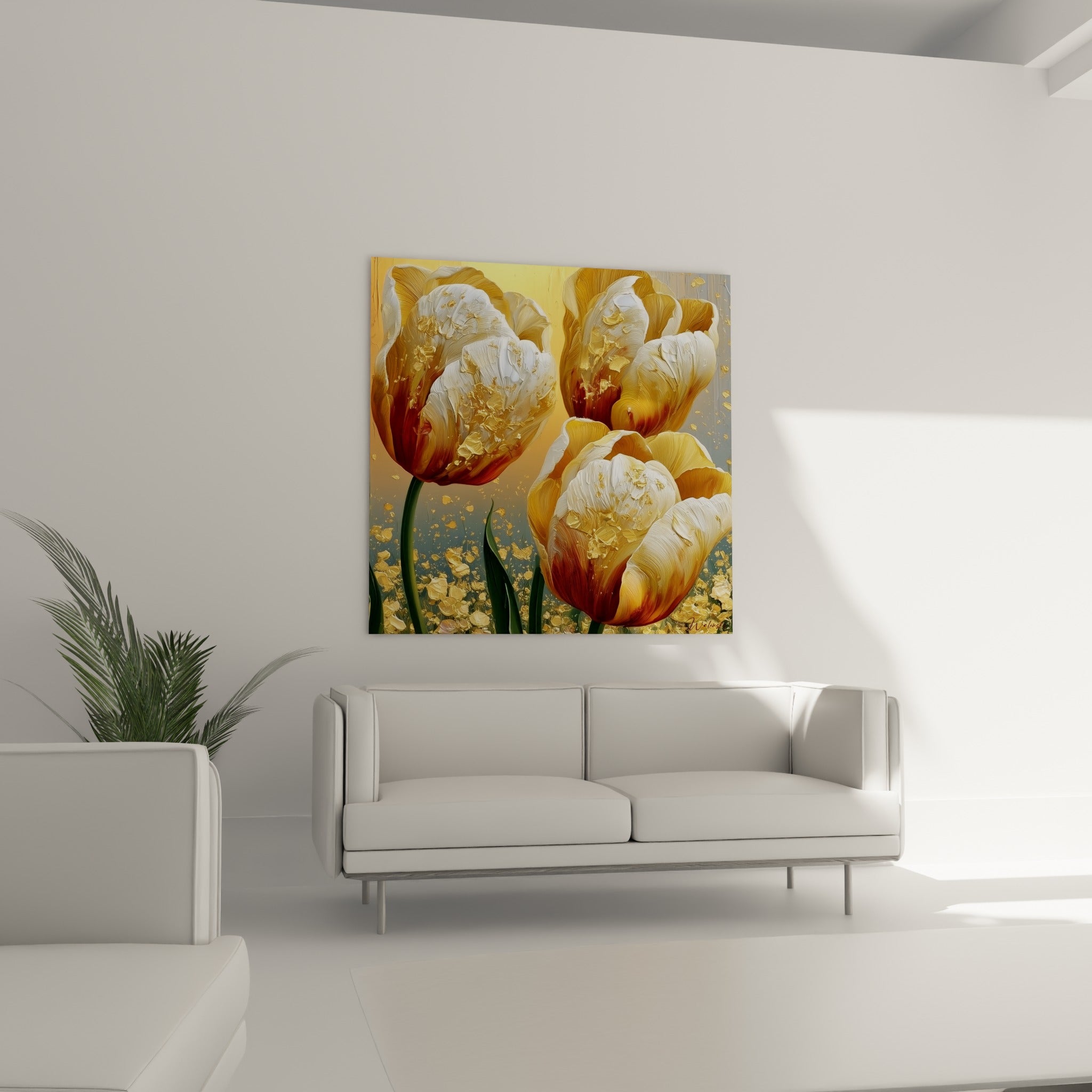 Pétales blancs et dorés des tulipes en relief, disposés au-dessus d'un canapé dans un salon lumineux.