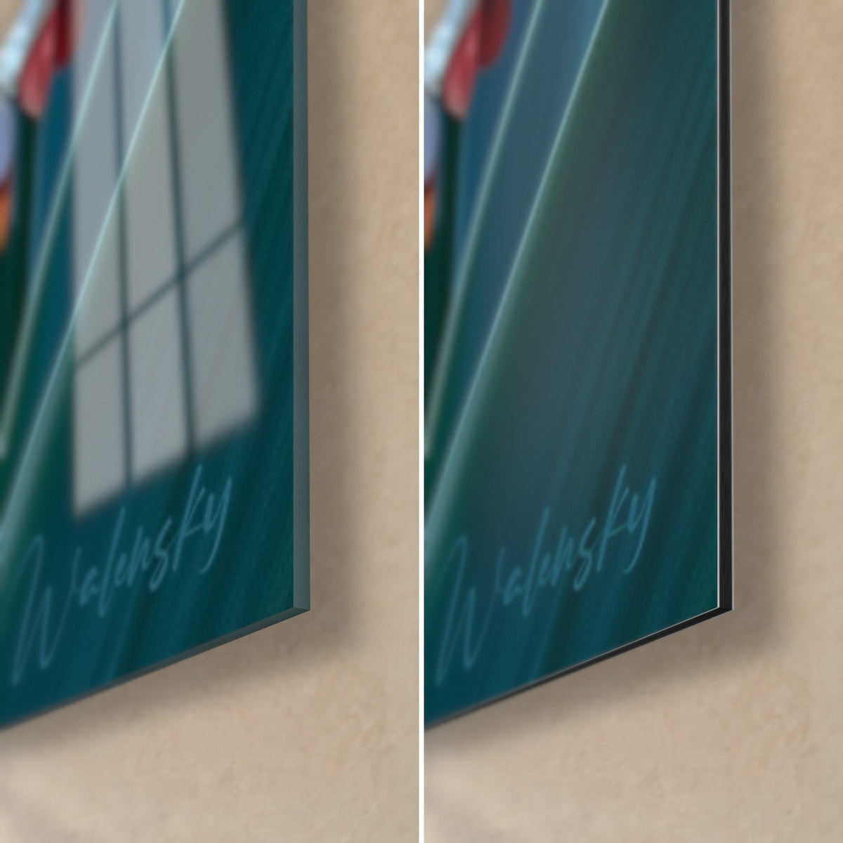 Tableau tulipes frangées rouges et blanches, coin bas droit : verre acrylique brillant à gauche, alu Dibond mat à droite
