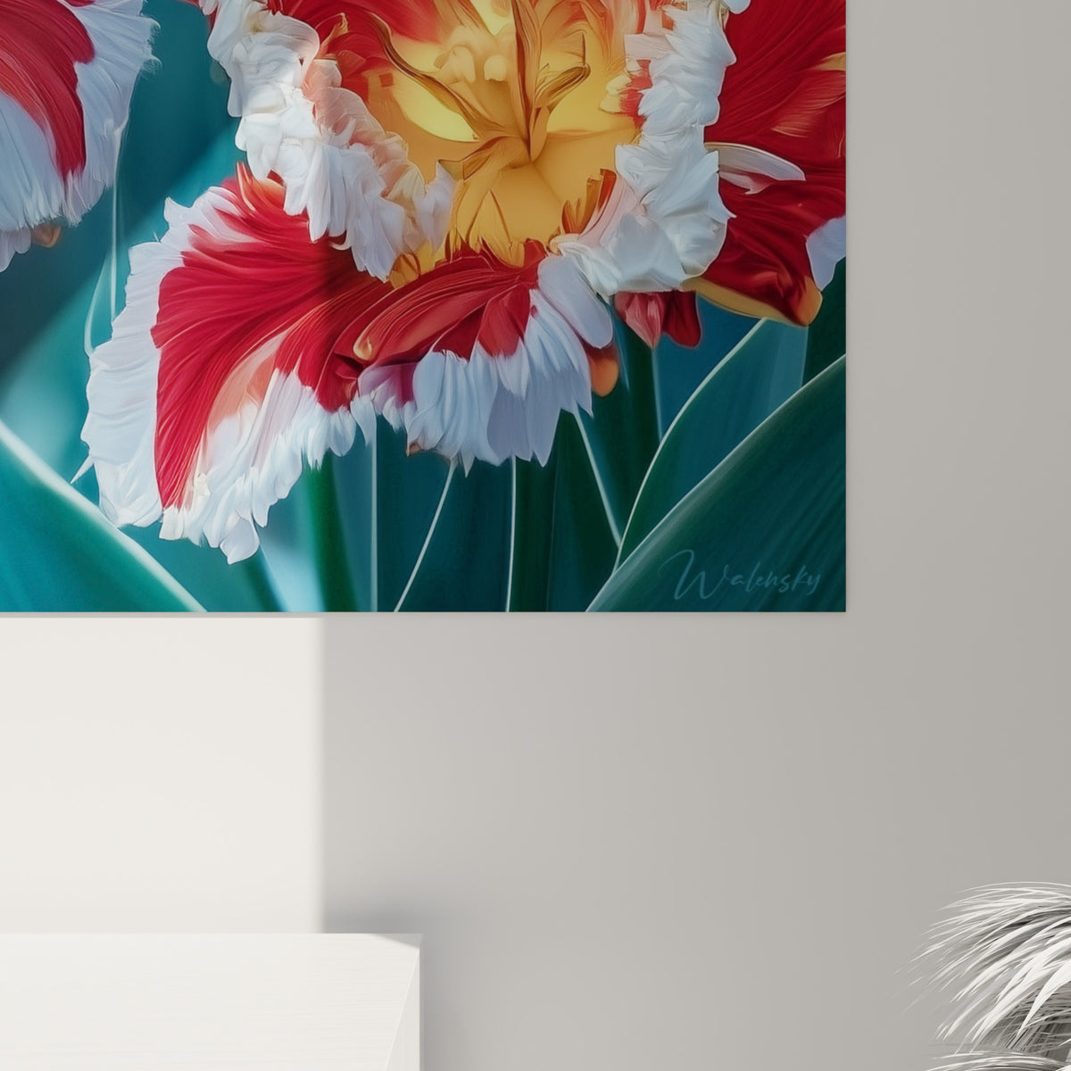 Pétales de tulipe striés rouge et blanc, texture veloutée et nervures fines visibles en gros plan sur la toile