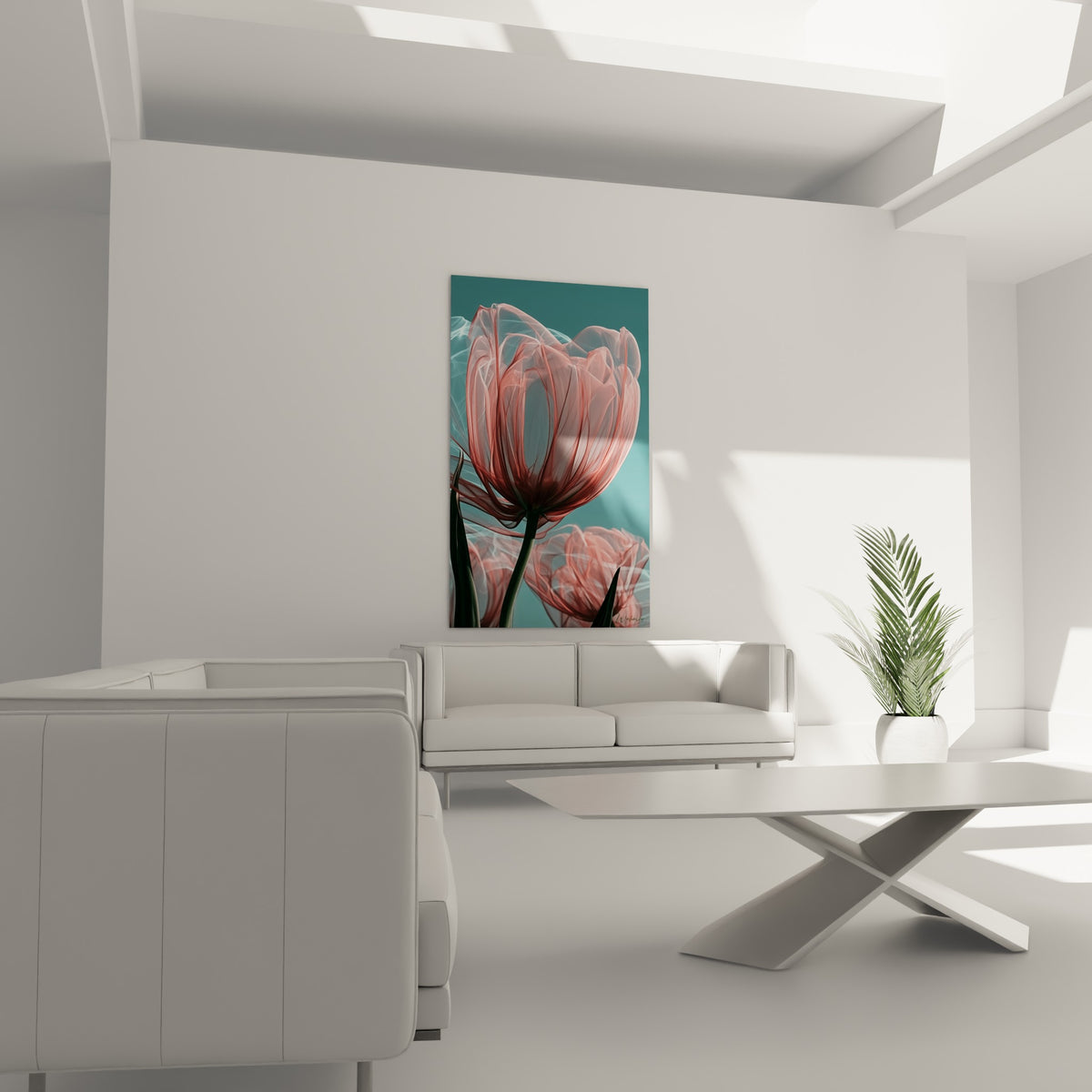 Tige verte émeraude soutenant cette tulipe rose et bleue au-dessus d'un canapé dans un salon lumineux