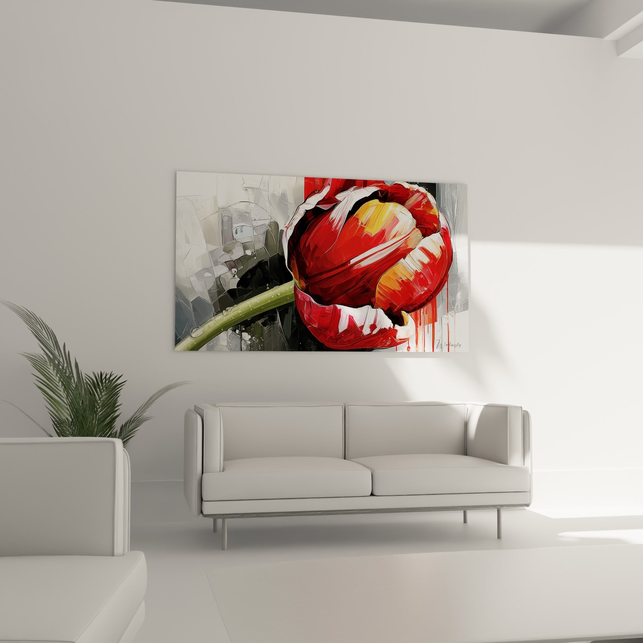 Fleur écarlate à la tige verte perlée de rosée, suspendue au-dessus d'un canapé dans un salon lumineux