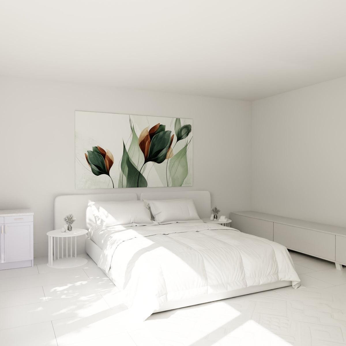 Tulipes vert sapin et brun cuivré aux tiges fines, accrochées au-dessus d'un lit dans une chambre claire