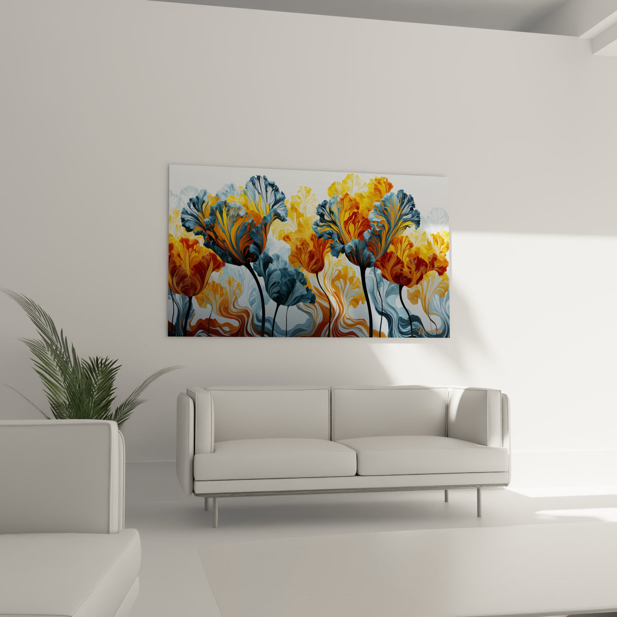 Fleurs orangé et rouille aux tiges noires fines suspendues au-dessus d'un canapé dans un salon lumineux