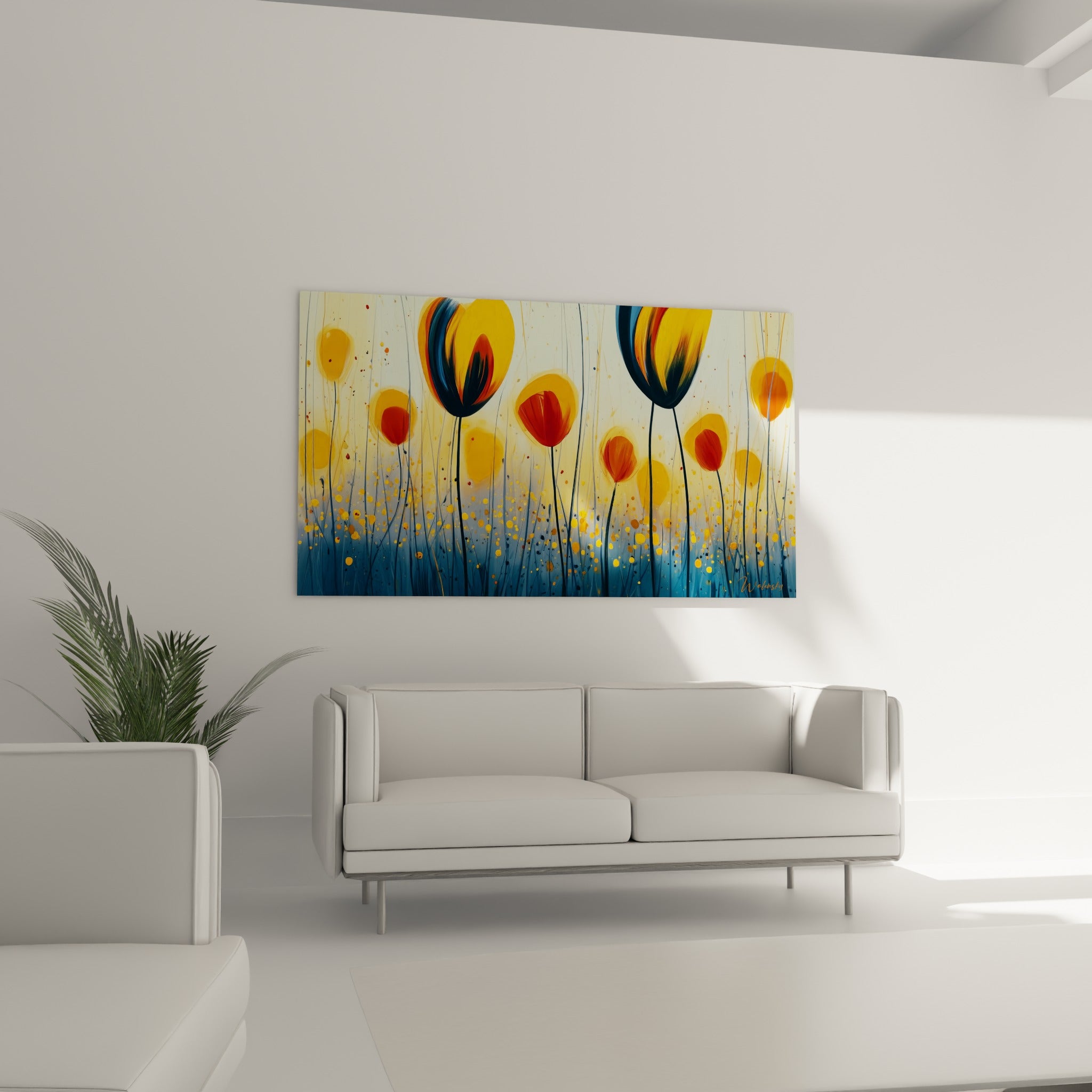 Tiges noires filiformes et fleurs dorées de ce tableau tulipe placées au-dessus d'un canapé dans un salon lumineux